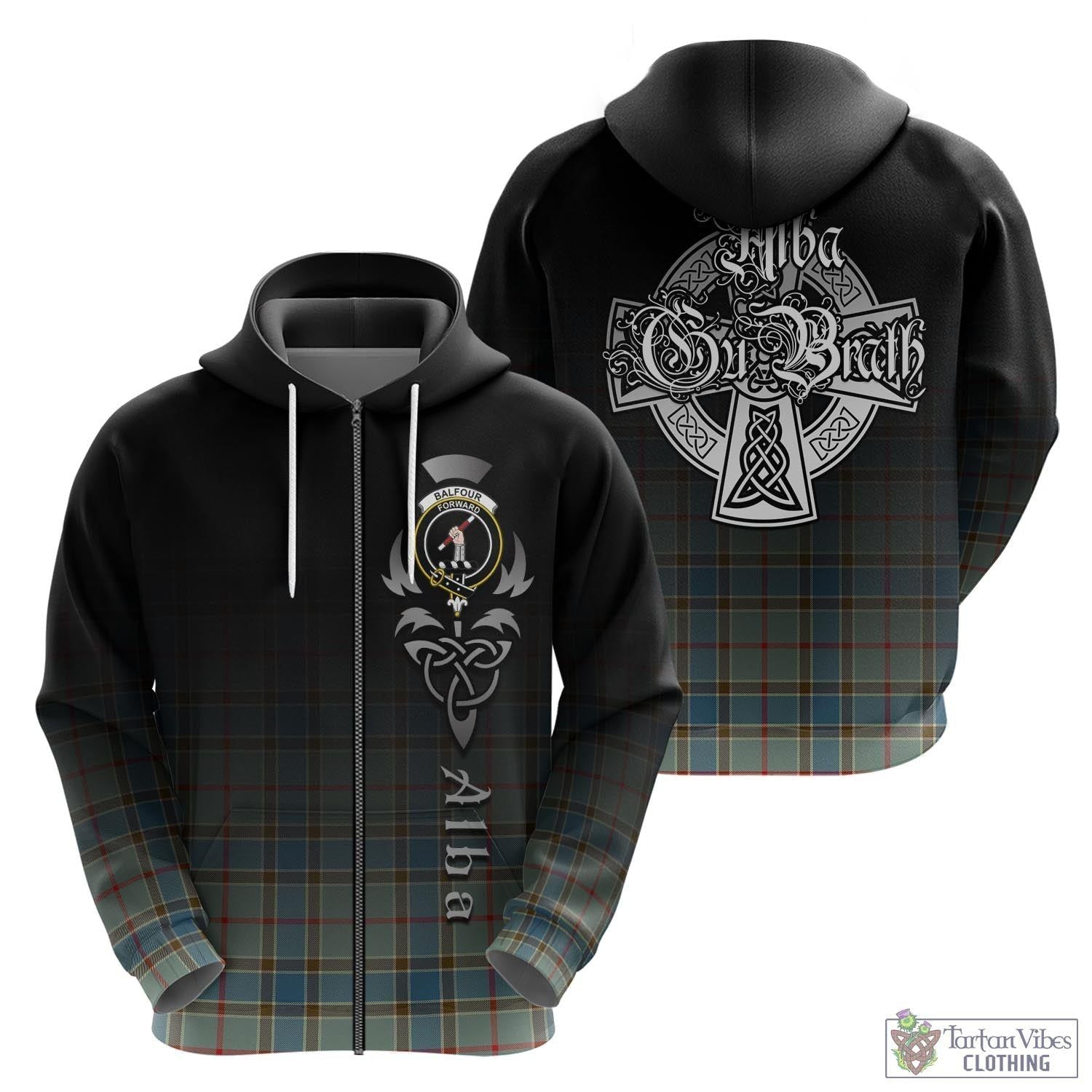 Tartan Vibes Clothing Balfour Blue Tartan Hoodie Featuring Alba Gu Brath Family Crest Celtic Inspired