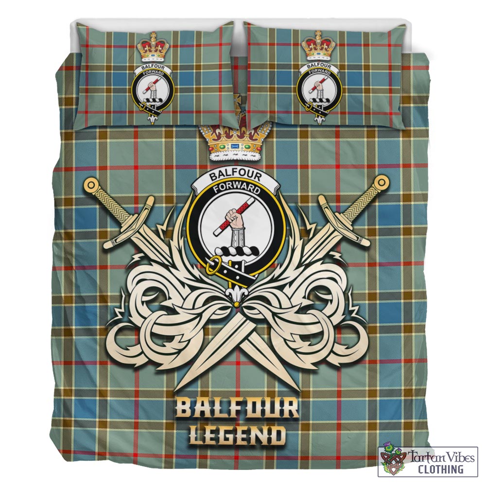 Tartan Vibes Clothing Balfour Blue Tartan Bedding Set with Clan Crest and the Golden Sword of Courageous Legacy