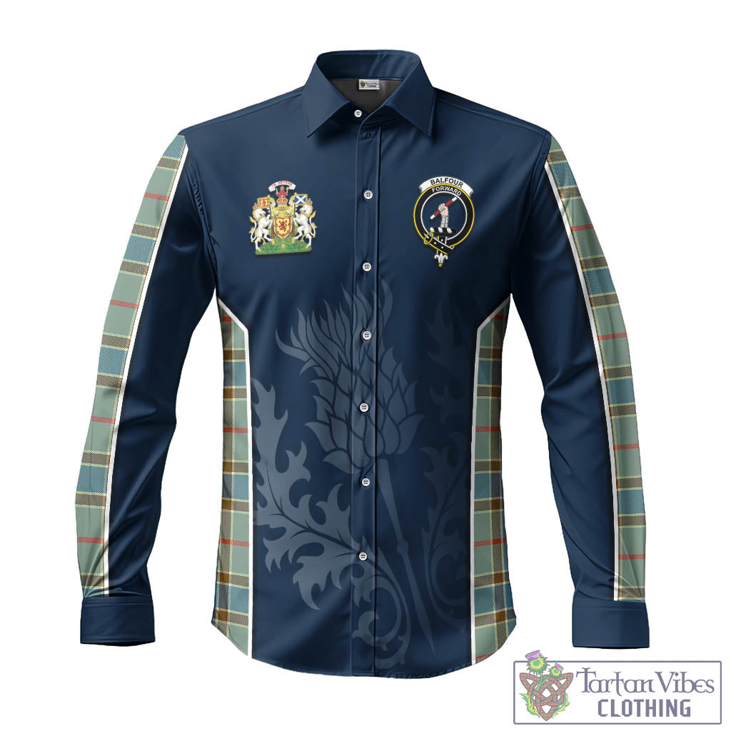 Tartan Vibes Clothing Balfour Blue Tartan Long Sleeve Button Up Shirt with Family Crest and Scottish Thistle Vibes Sport Style