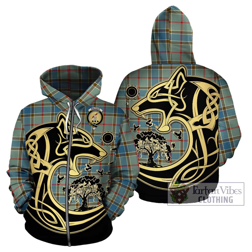 Tartan Vibes Clothing Balfour Blue Tartan Hoodie with Family Crest Celtic Wolf Style
