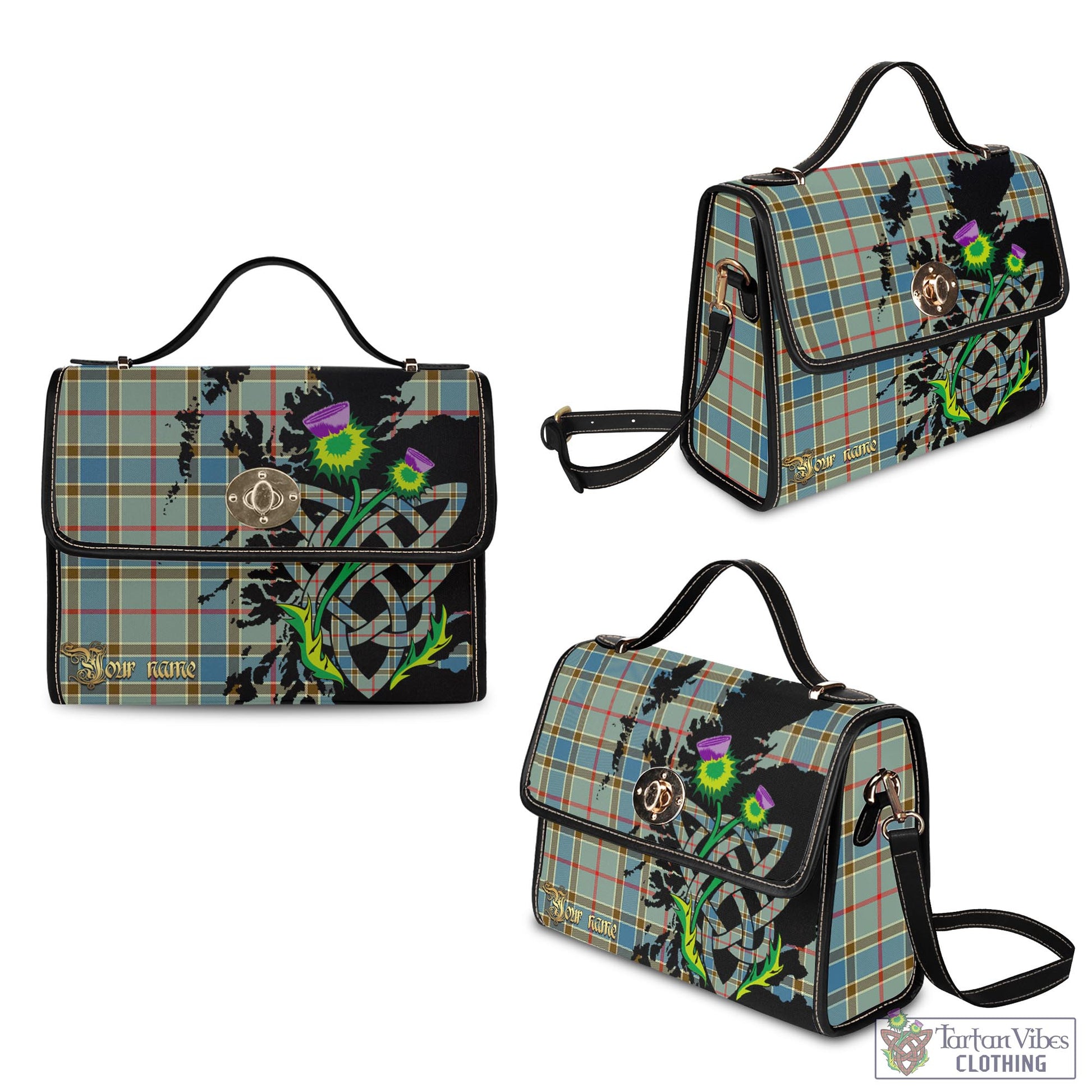 Tartan Vibes Clothing Balfour Blue Tartan Waterproof Canvas Bag with Scotland Map and Thistle Celtic Accents