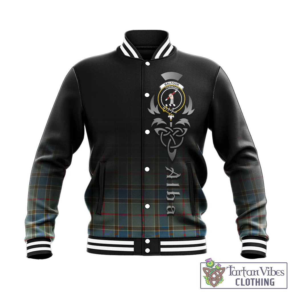 Tartan Vibes Clothing Balfour Blue Tartan Baseball Jacket Featuring Alba Gu Brath Family Crest Celtic Inspired