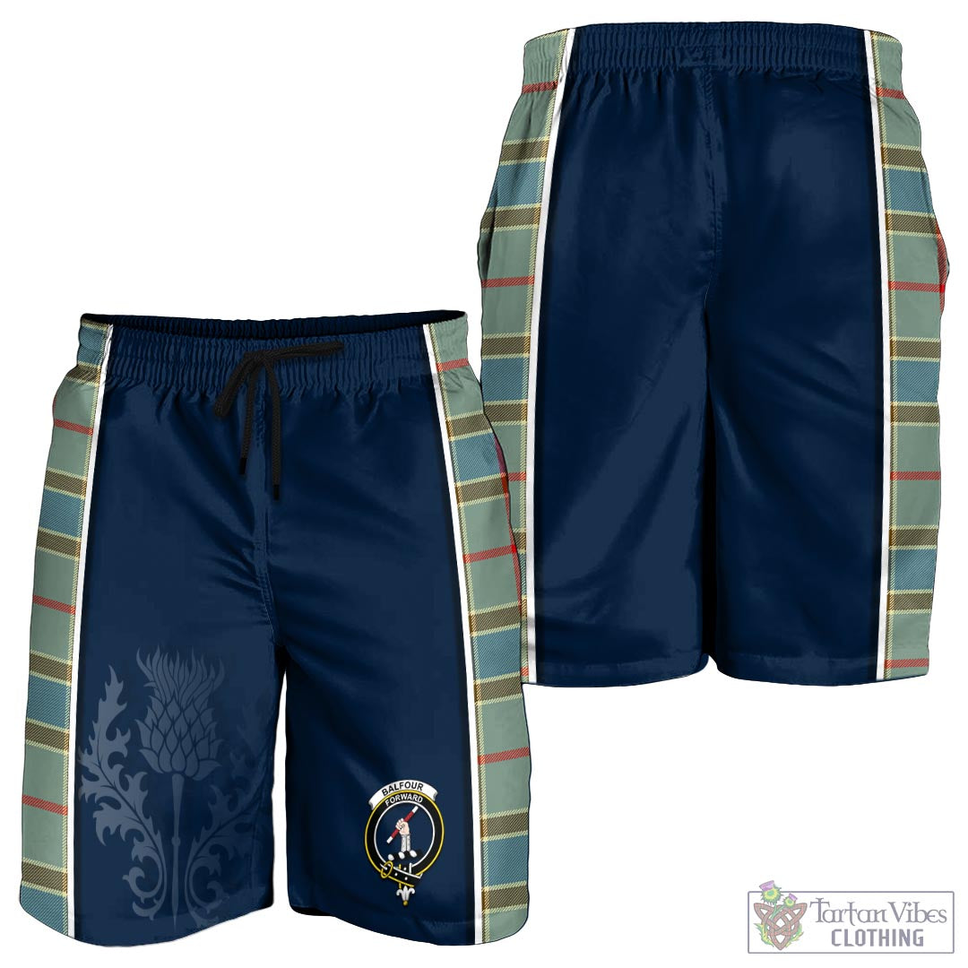 Tartan Vibes Clothing Balfour Blue Tartan Men's Shorts with Family Crest and Scottish Thistle Vibes Sport Style