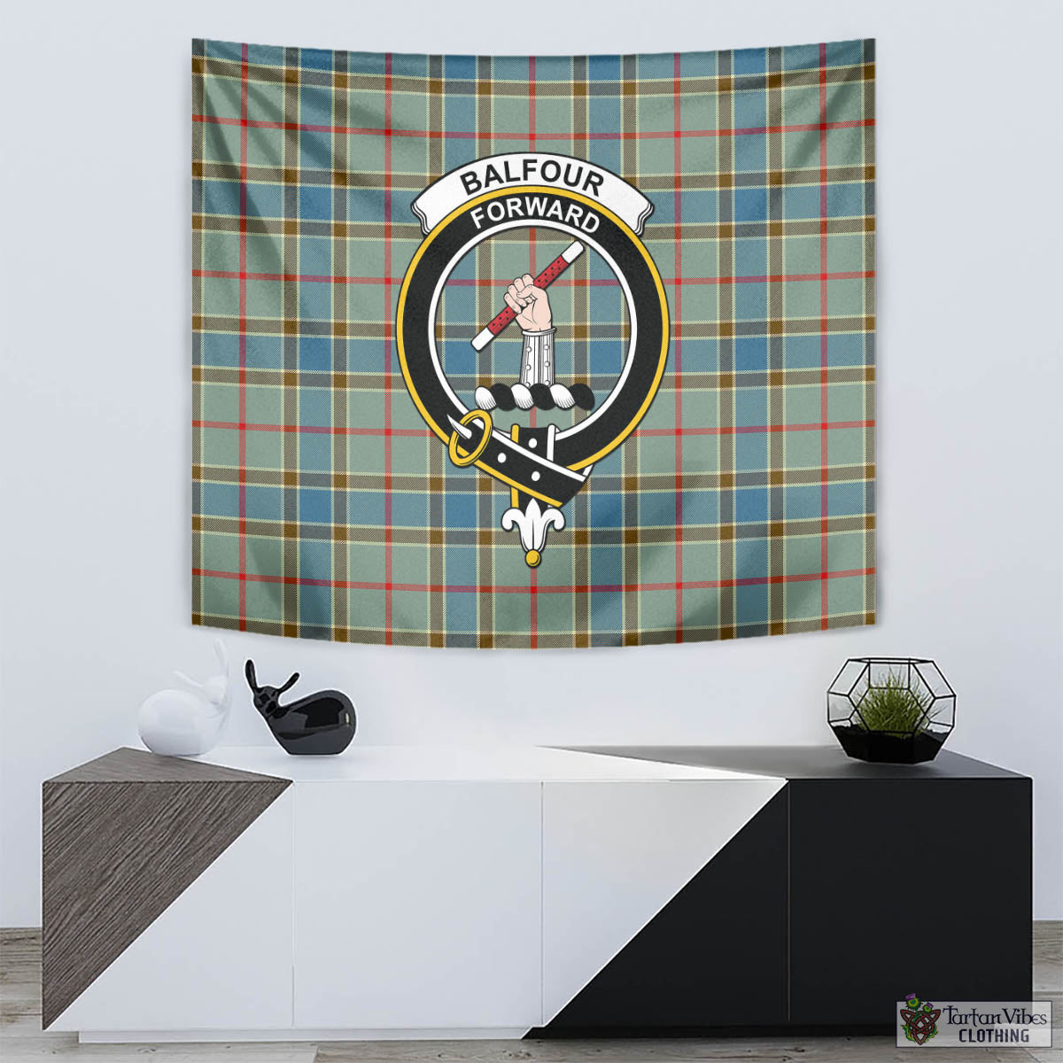 Tartan Vibes Clothing Balfour Blue Tartan Tapestry Wall Hanging and Home Decor for Room with Family Crest