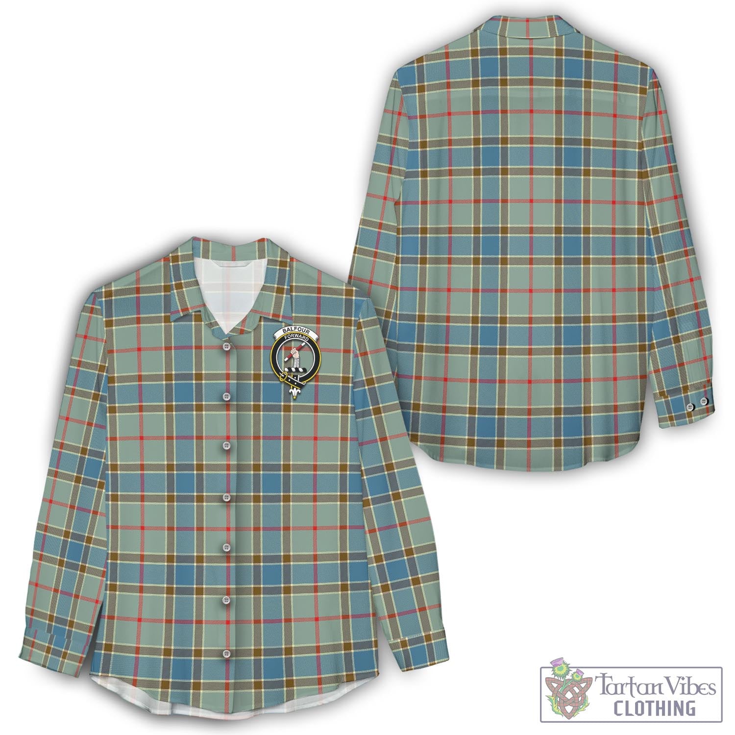 Tartan Vibes Clothing Balfour Blue Tartan Womens Casual Shirt with Family Crest