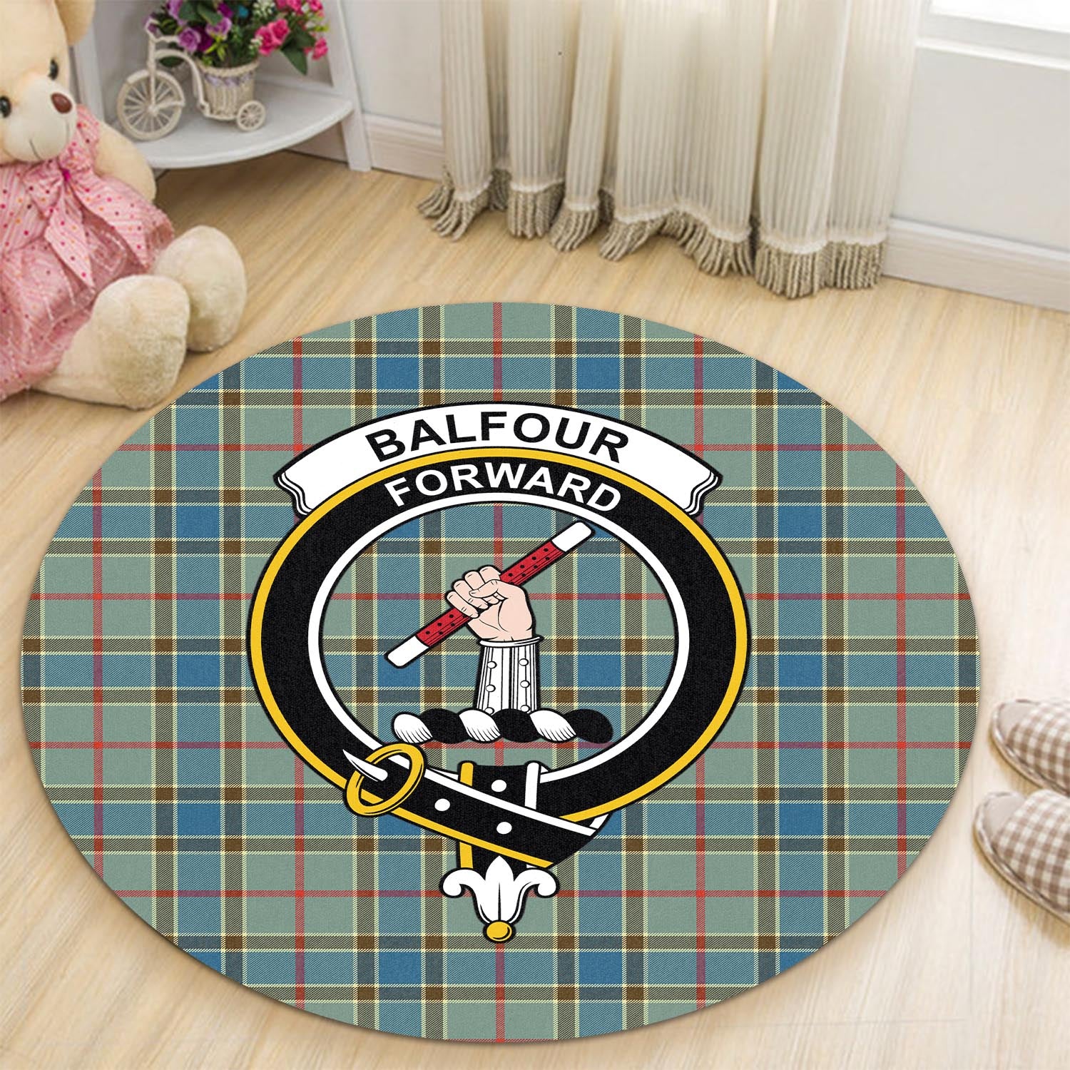 Balfour Blue Tartan Round Rug with Family Crest - Tartanvibesclothing