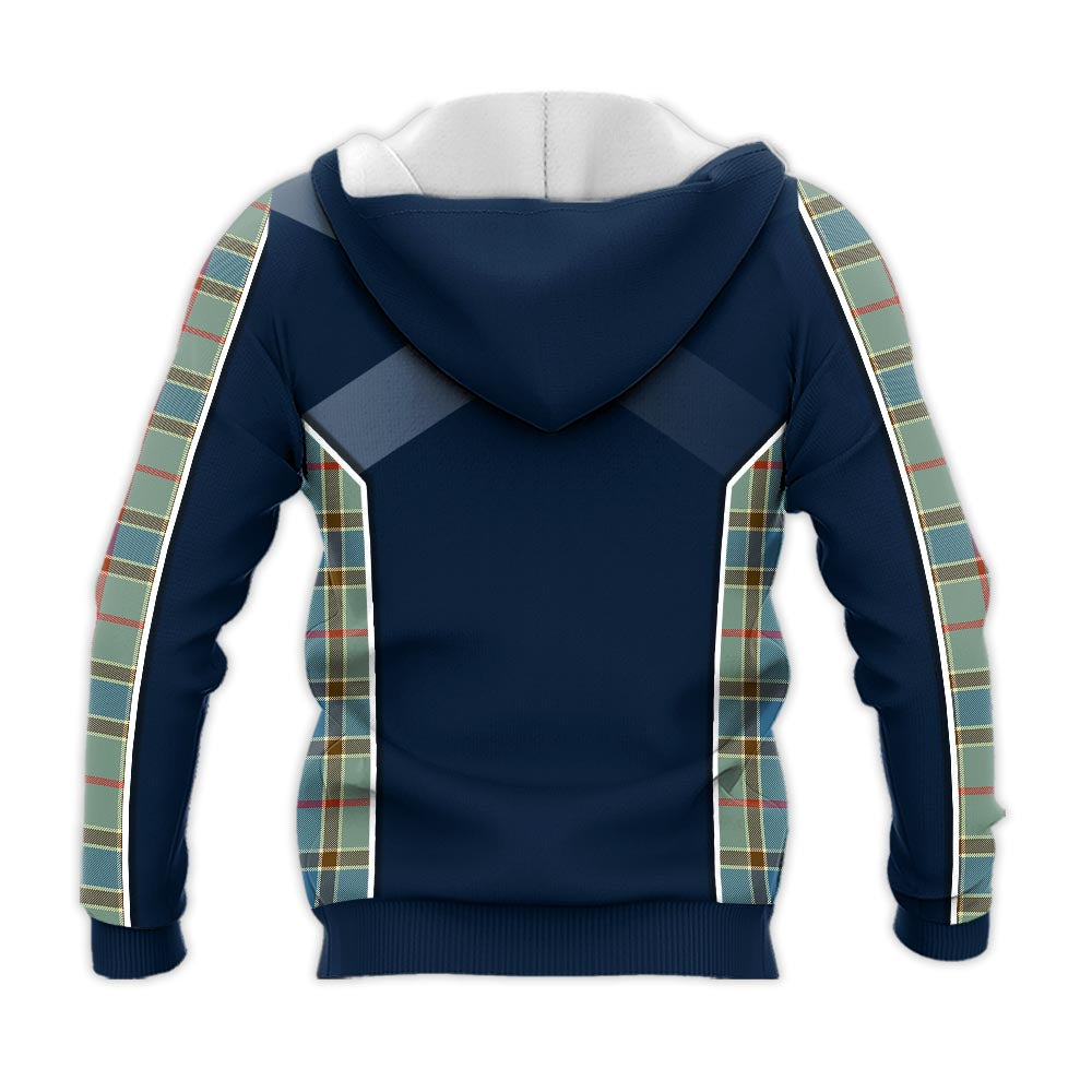 Tartan Vibes Clothing Balfour Blue Tartan Knitted Hoodie with Family Crest and Scottish Thistle Vibes Sport Style