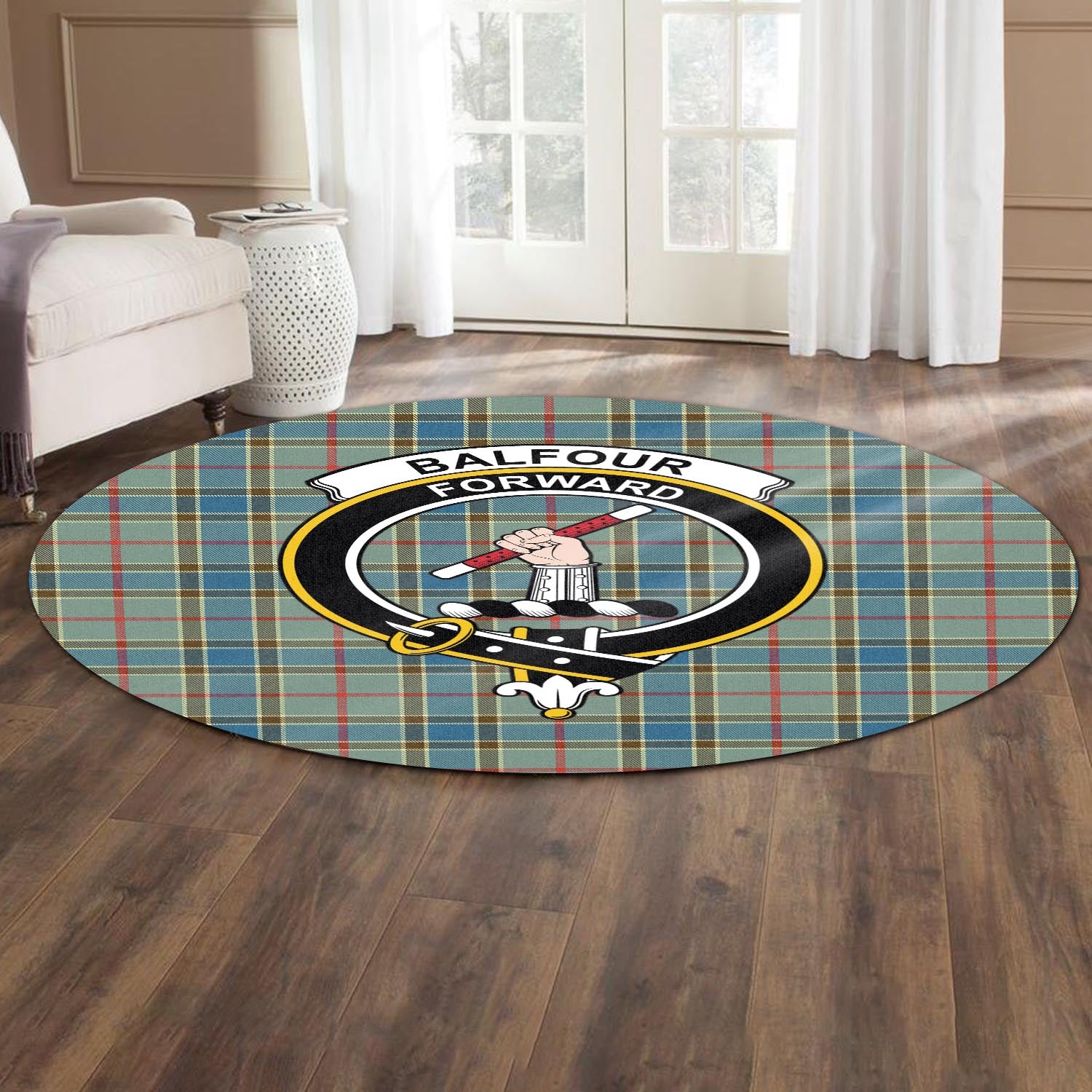 Balfour Blue Tartan Round Rug with Family Crest - Tartanvibesclothing