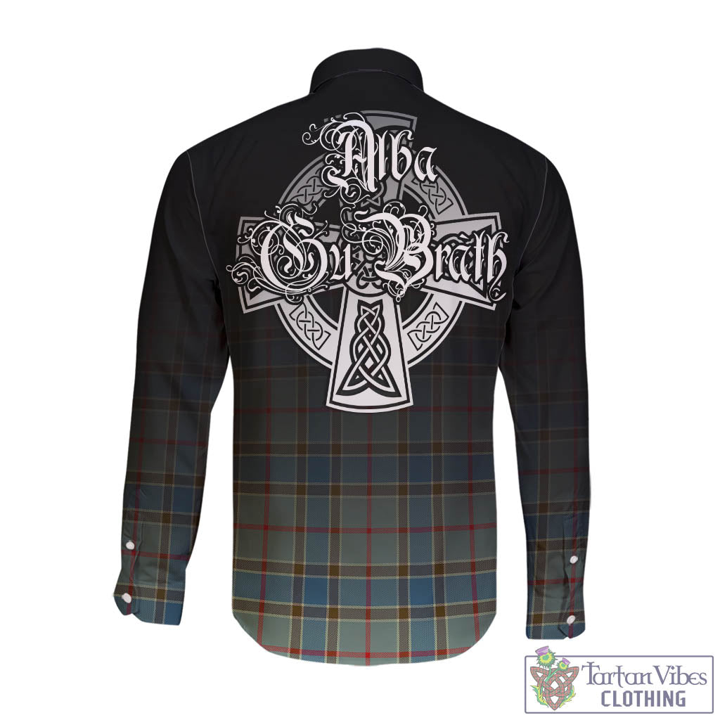 Tartan Vibes Clothing Balfour Blue Tartan Long Sleeve Button Up Featuring Alba Gu Brath Family Crest Celtic Inspired