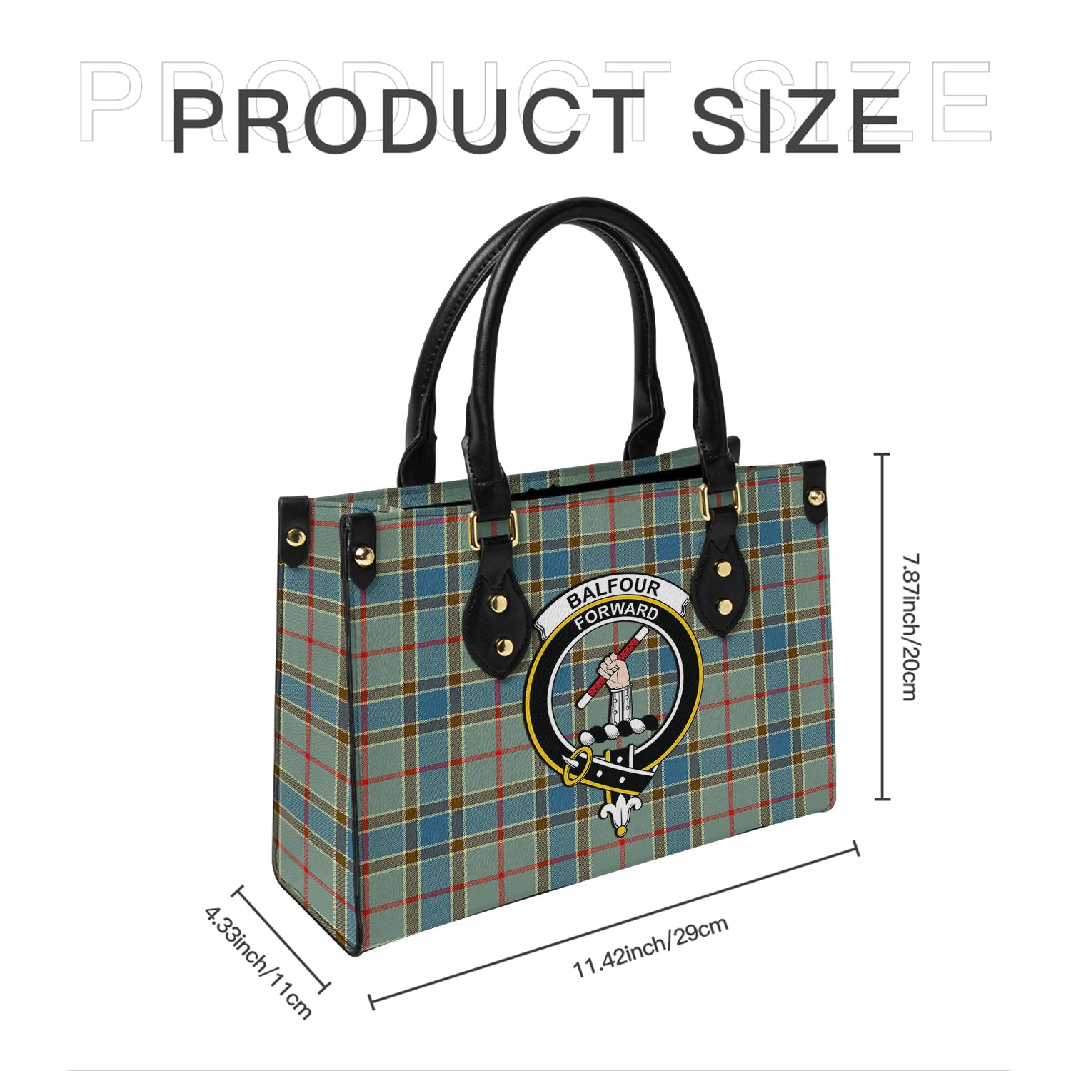 Balfour Blue Tartan Leather Bag with Family Crest - Tartanvibesclothing