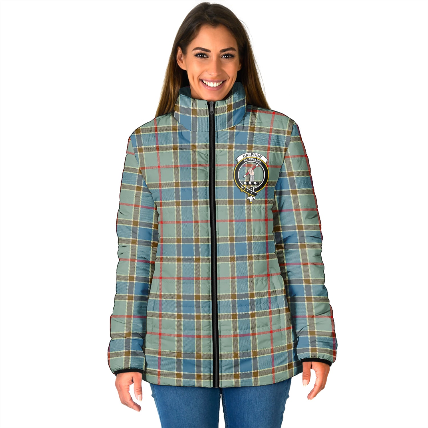 Balfour Blue Tartan Padded Jacket with Family Crest - Tartan Vibes Clothing