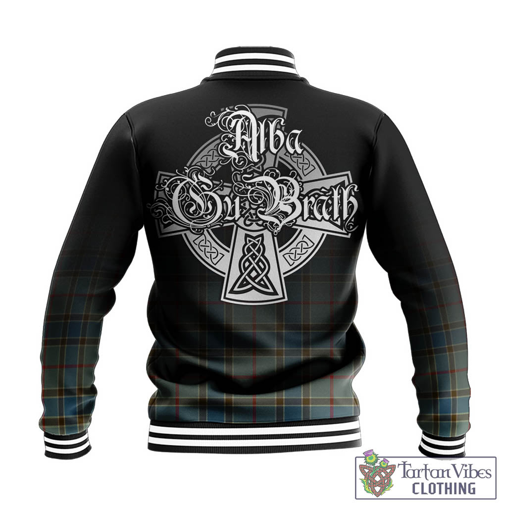 Tartan Vibes Clothing Balfour Blue Tartan Baseball Jacket Featuring Alba Gu Brath Family Crest Celtic Inspired