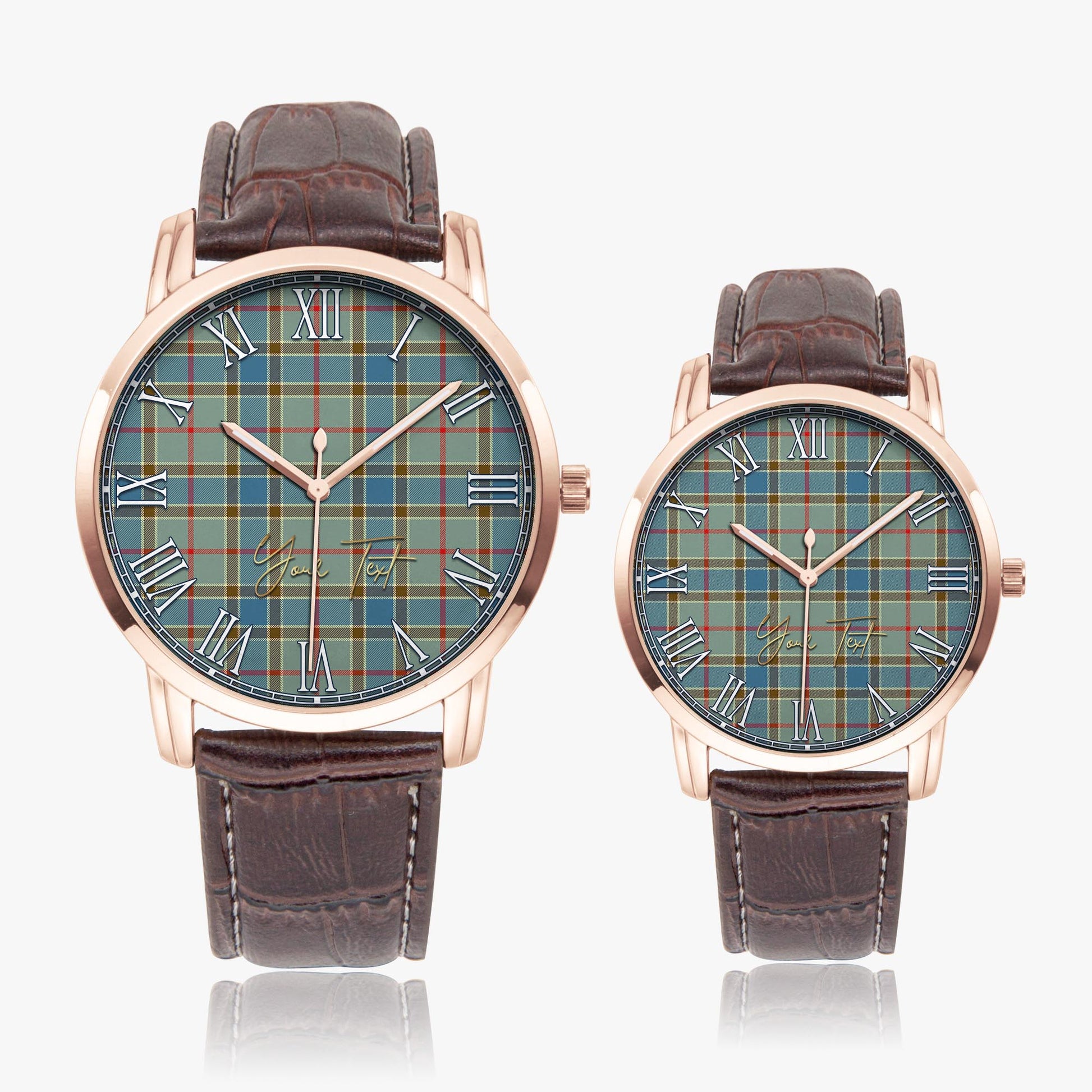 Balfour Blue Tartan Personalized Your Text Leather Trap Quartz Watch Wide Type Rose Gold Case With Brown Leather Strap - Tartanvibesclothing