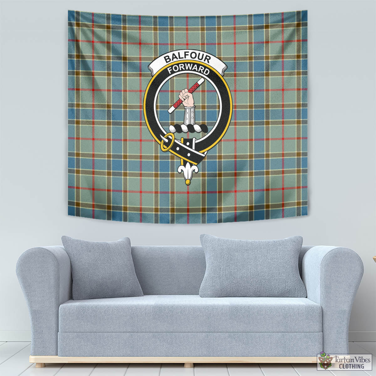 Tartan Vibes Clothing Balfour Blue Tartan Tapestry Wall Hanging and Home Decor for Room with Family Crest