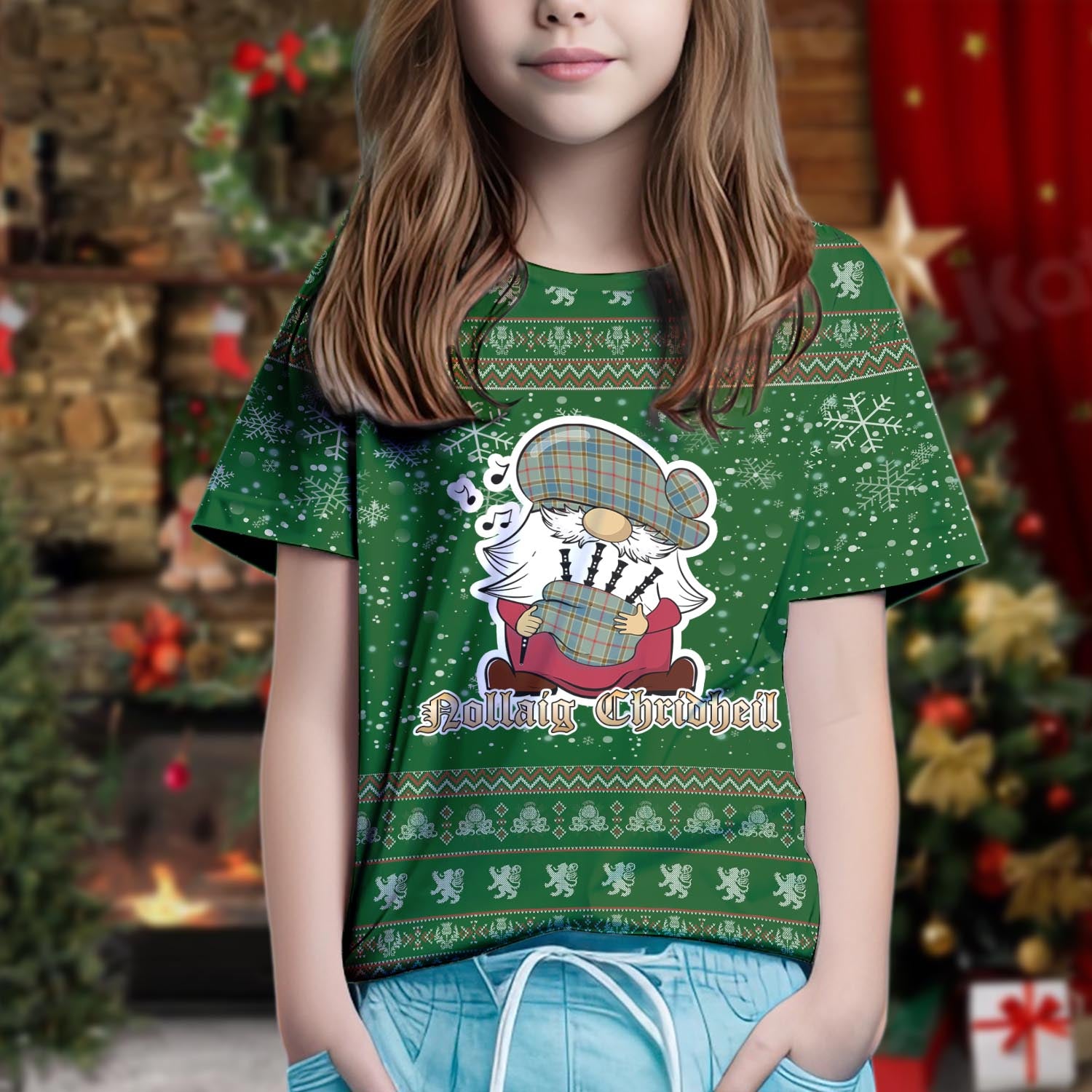 Balfour Blue Clan Christmas Family T-Shirt with Funny Gnome Playing Bagpipes Kid's Shirt Green - Tartanvibesclothing