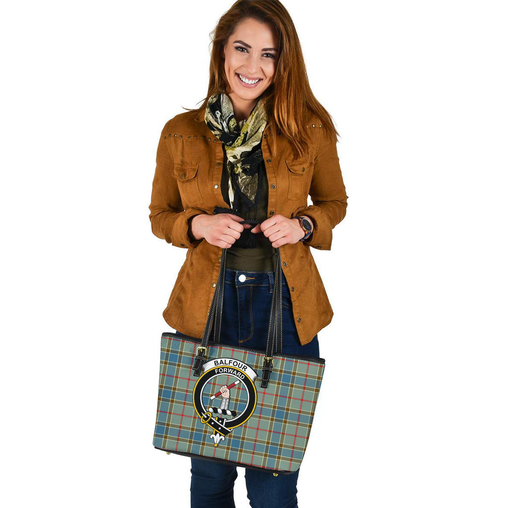 Balfour Blue Tartan Leather Tote Bag with Family Crest - Tartanvibesclothing