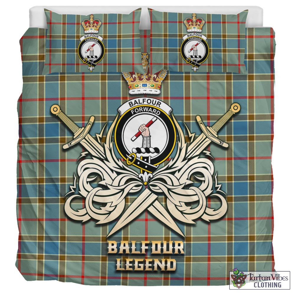 Tartan Vibes Clothing Balfour Blue Tartan Bedding Set with Clan Crest and the Golden Sword of Courageous Legacy