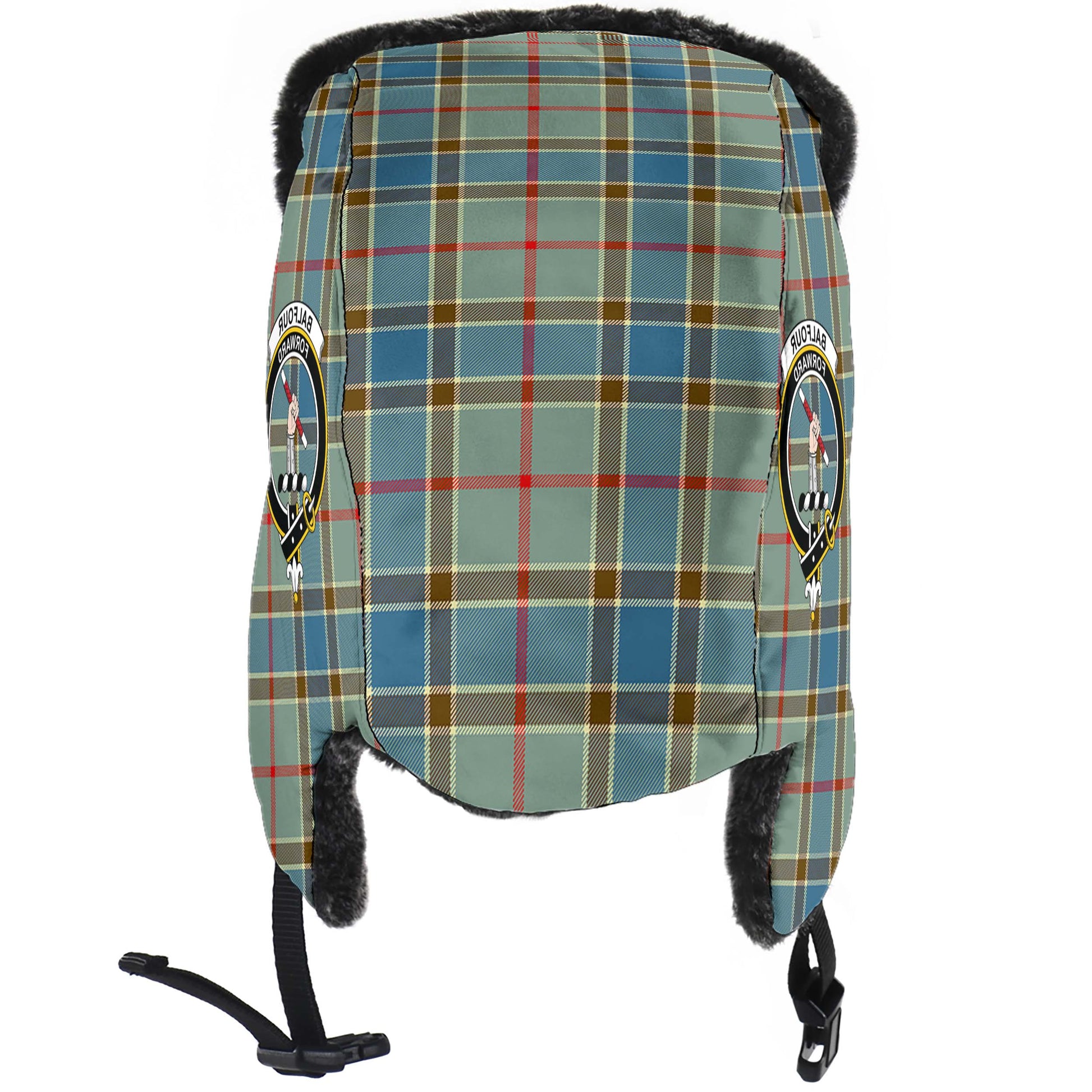 Balfour Blue Tartan Winter Trapper Hat with Family Crest - Tartanvibesclothing