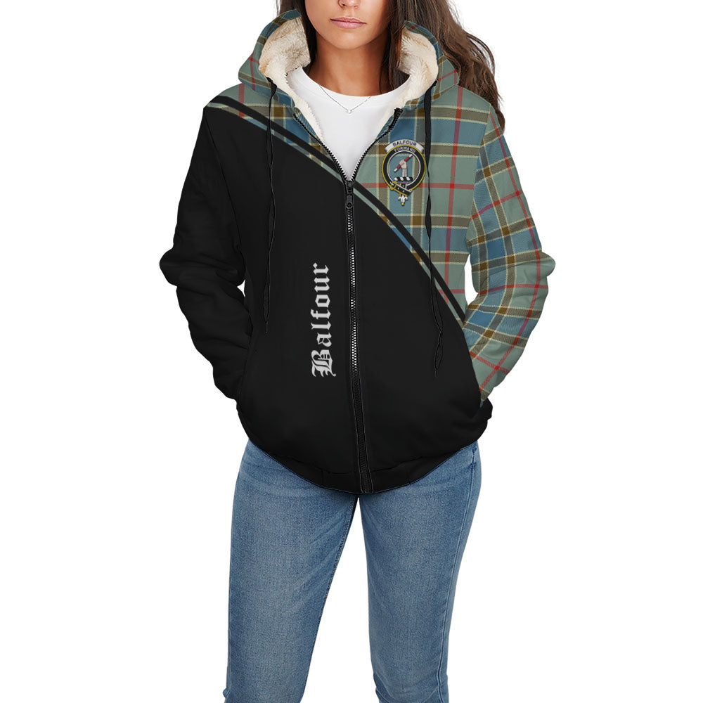 Balfour Blue Tartan Sherpa Hoodie with Family Crest Curve Style - Tartanvibesclothing