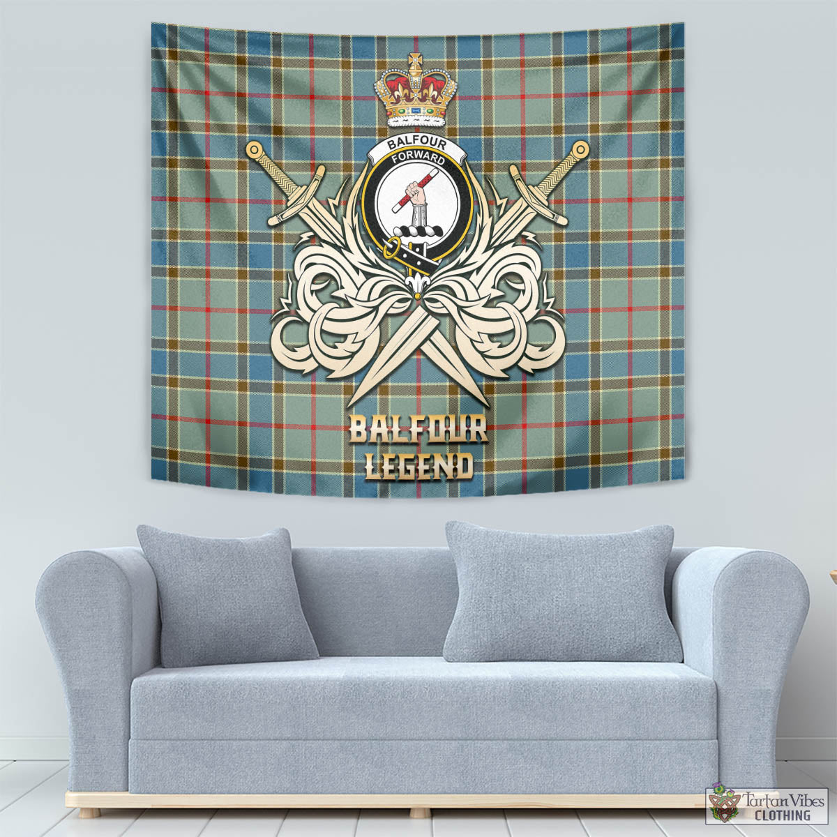 Tartan Vibes Clothing Balfour Blue Tartan Tapestry with Clan Crest and the Golden Sword of Courageous Legacy