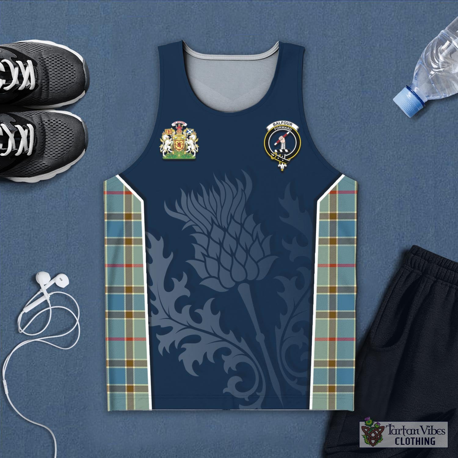 Tartan Vibes Clothing Balfour Blue Tartan Men's Tanks Top with Family Crest and Scottish Thistle Vibes Sport Style