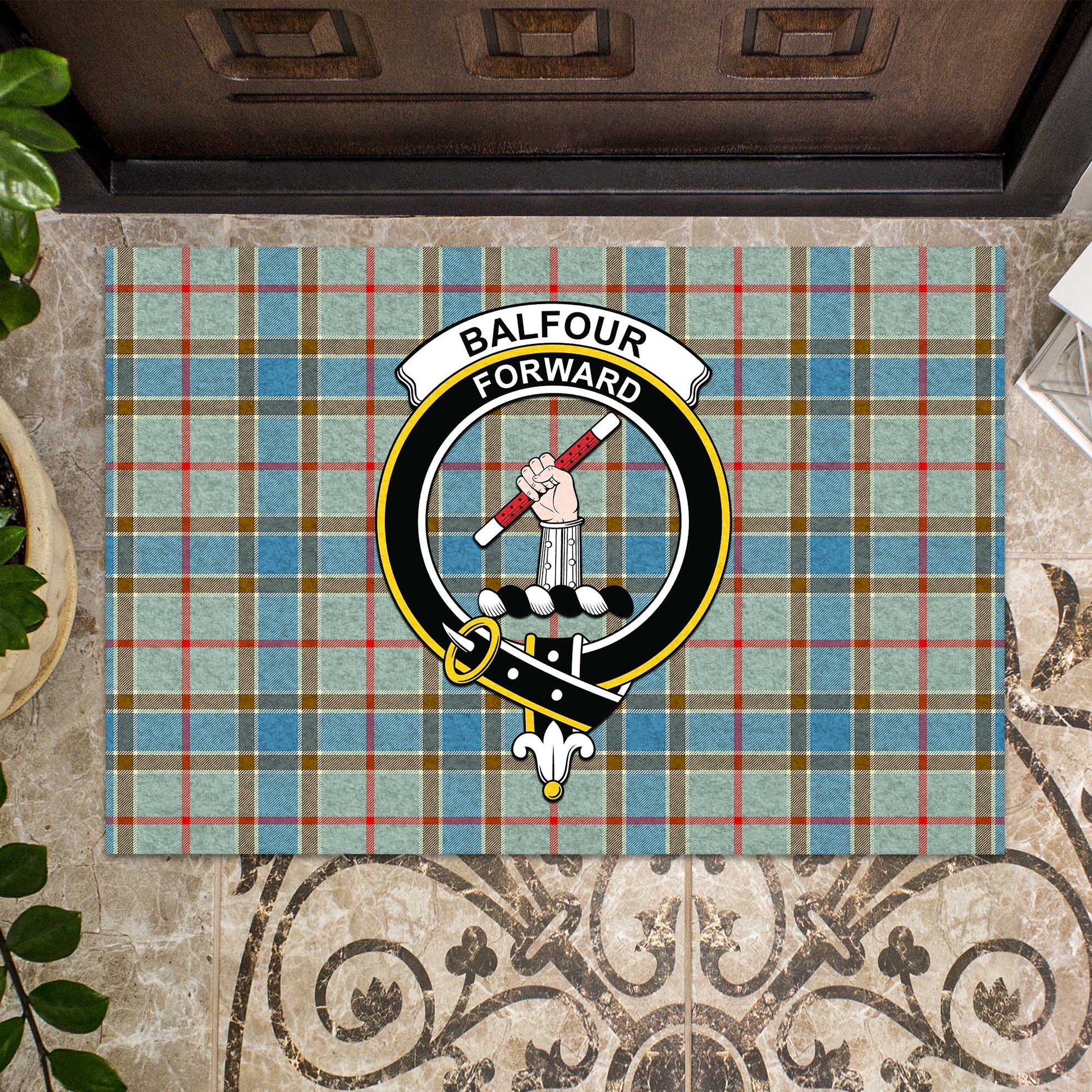 Balfour Blue Tartan Door Mat with Family Crest - Tartanvibesclothing