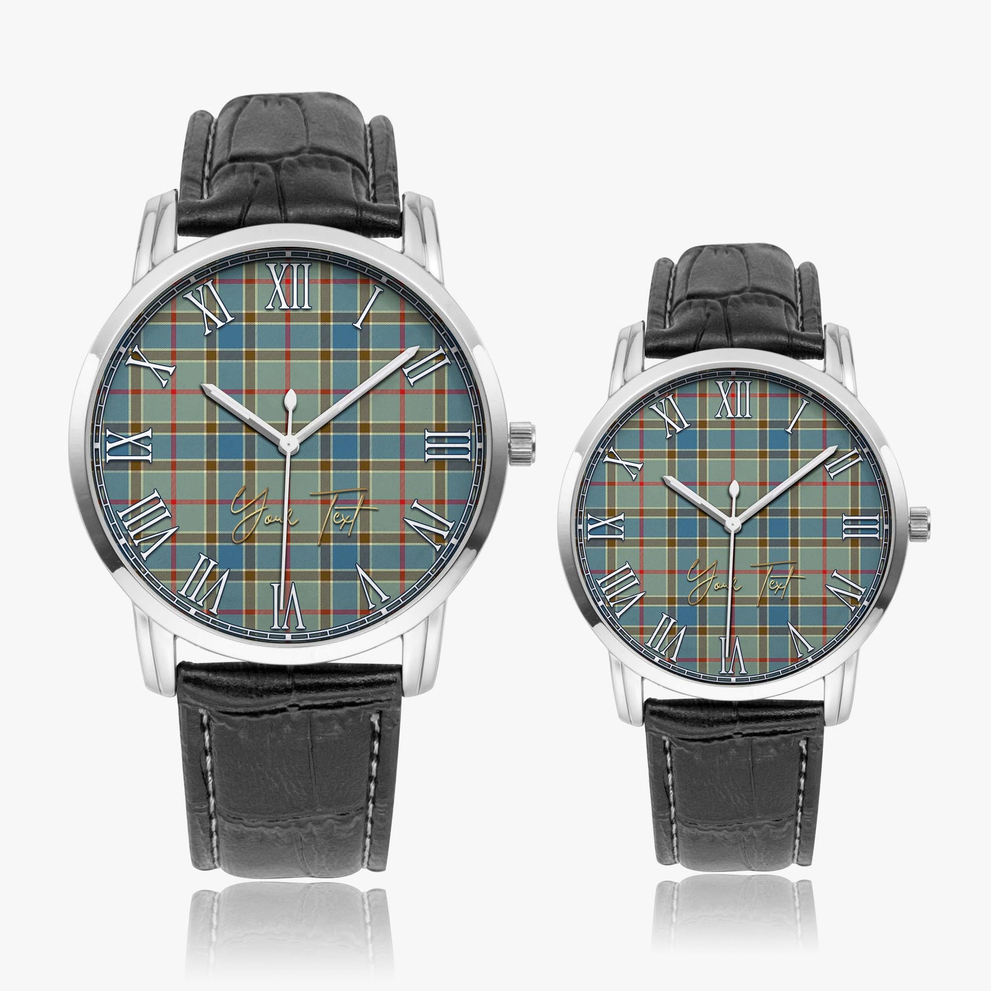 Balfour Blue Tartan Personalized Your Text Leather Trap Quartz Watch Wide Type Silver Case With Black Leather Strap - Tartanvibesclothing