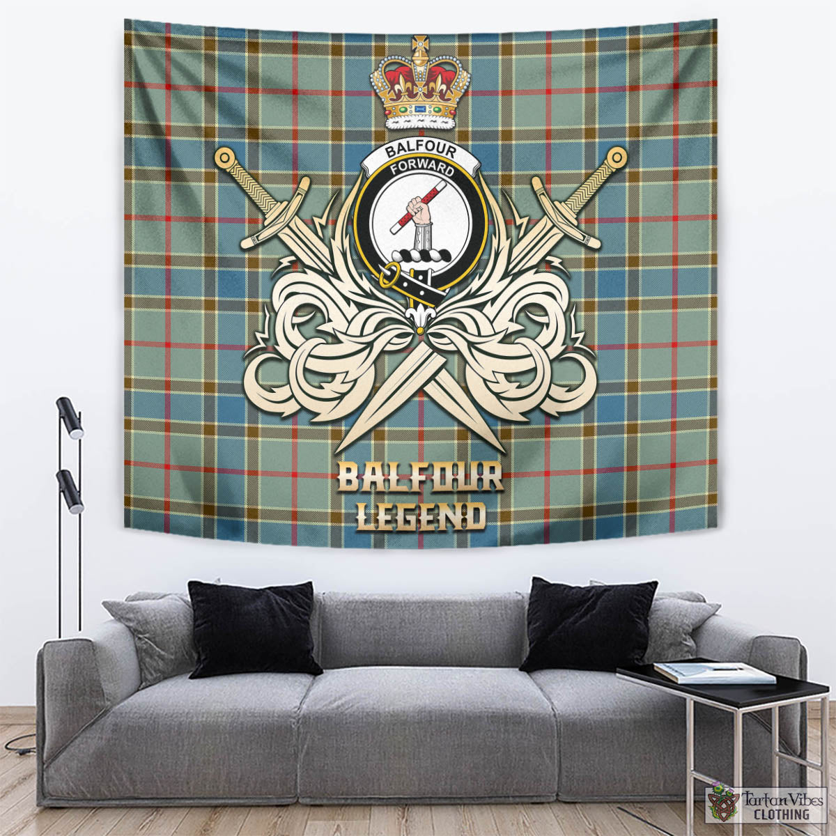 Tartan Vibes Clothing Balfour Blue Tartan Tapestry with Clan Crest and the Golden Sword of Courageous Legacy