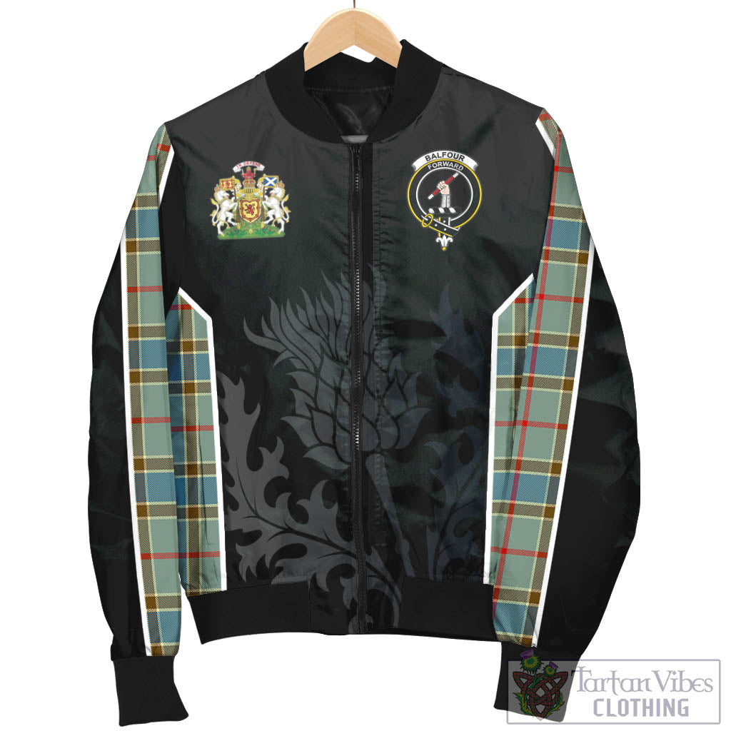 Tartan Vibes Clothing Balfour Blue Tartan Bomber Jacket with Family Crest and Scottish Thistle Vibes Sport Style