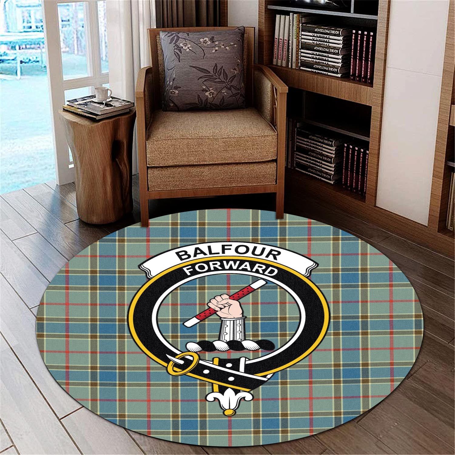 Balfour Blue Tartan Round Rug with Family Crest - Tartanvibesclothing