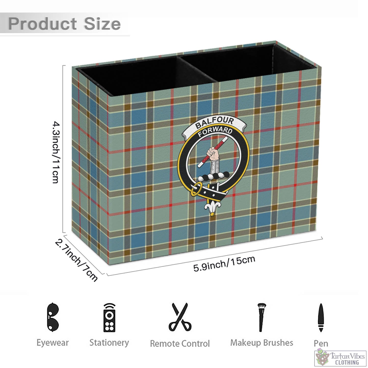 Tartan Vibes Clothing Balfour Blue Tartan Pen Holder with Family Crest