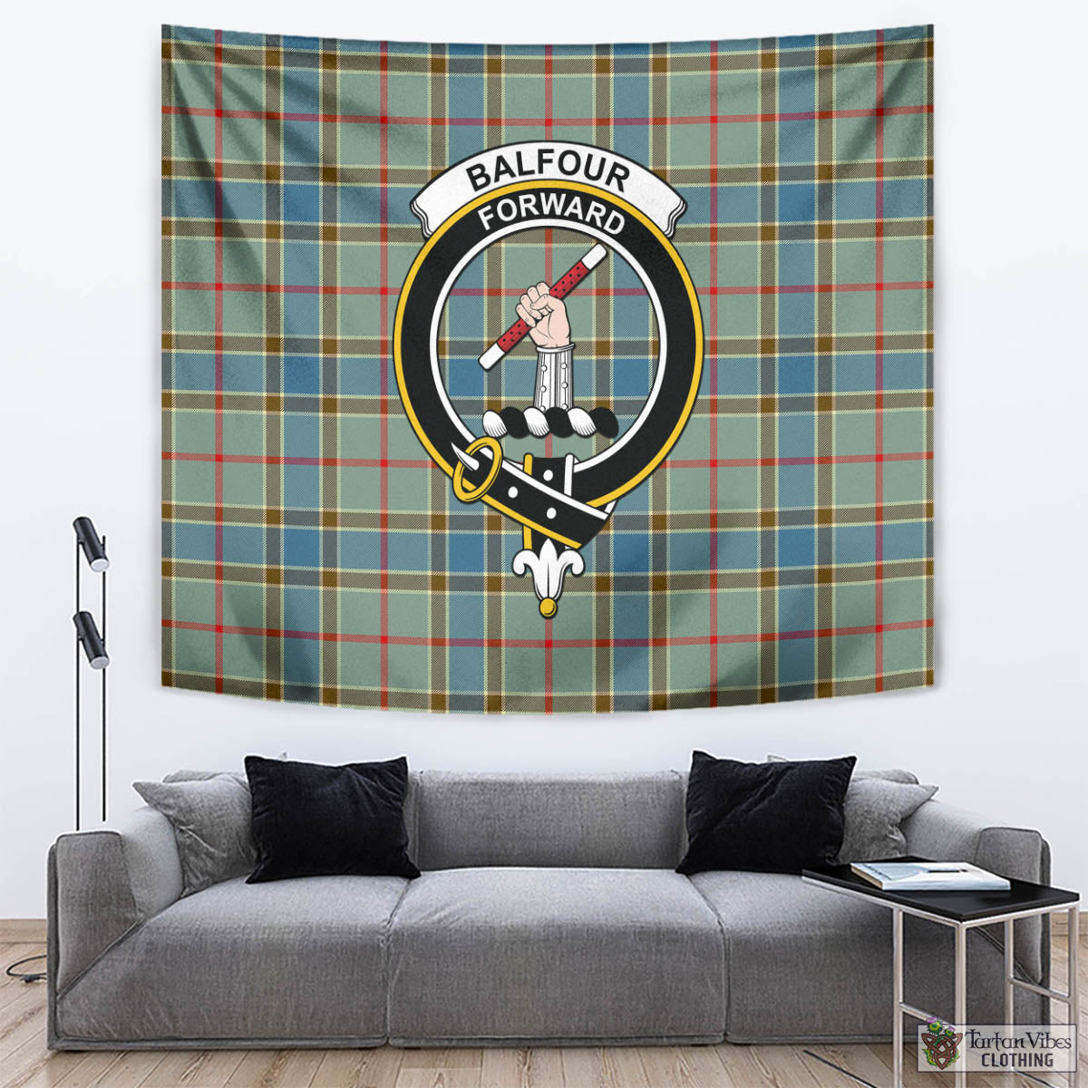 Tartan Vibes Clothing Balfour Blue Tartan Tapestry Wall Hanging and Home Decor for Room with Family Crest