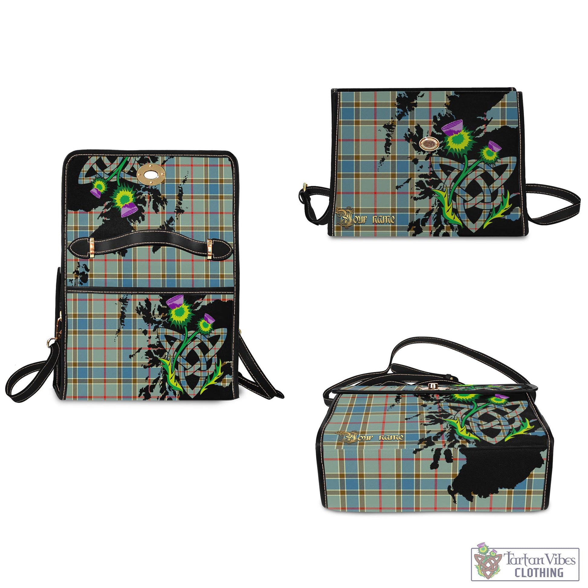 Tartan Vibes Clothing Balfour Blue Tartan Waterproof Canvas Bag with Scotland Map and Thistle Celtic Accents