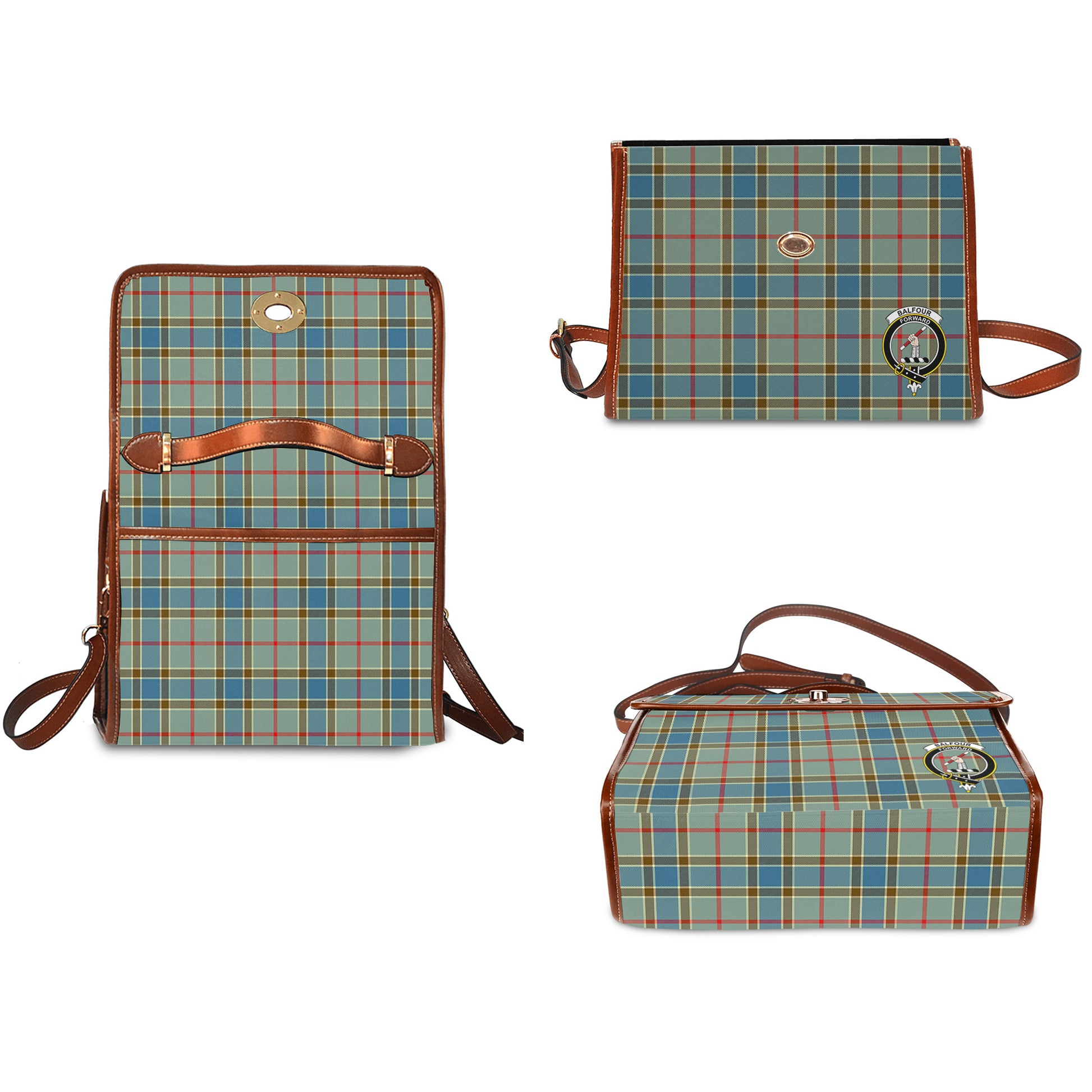 Balfour Blue Tartan Leather Strap Waterproof Canvas Bag with Family Crest - Tartanvibesclothing