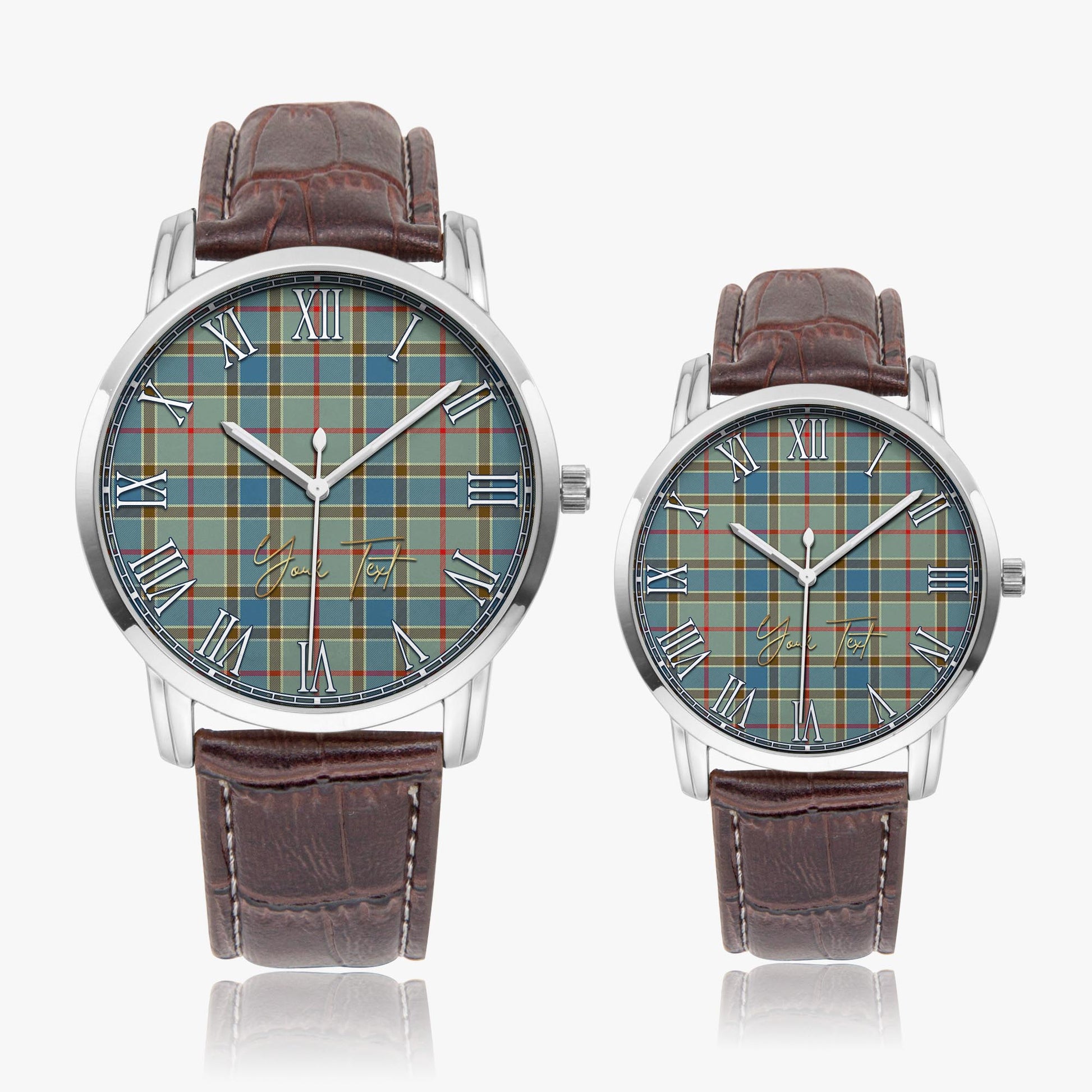 Balfour Blue Tartan Personalized Your Text Leather Trap Quartz Watch Wide Type Silver Case With Brown Leather Strap - Tartanvibesclothing