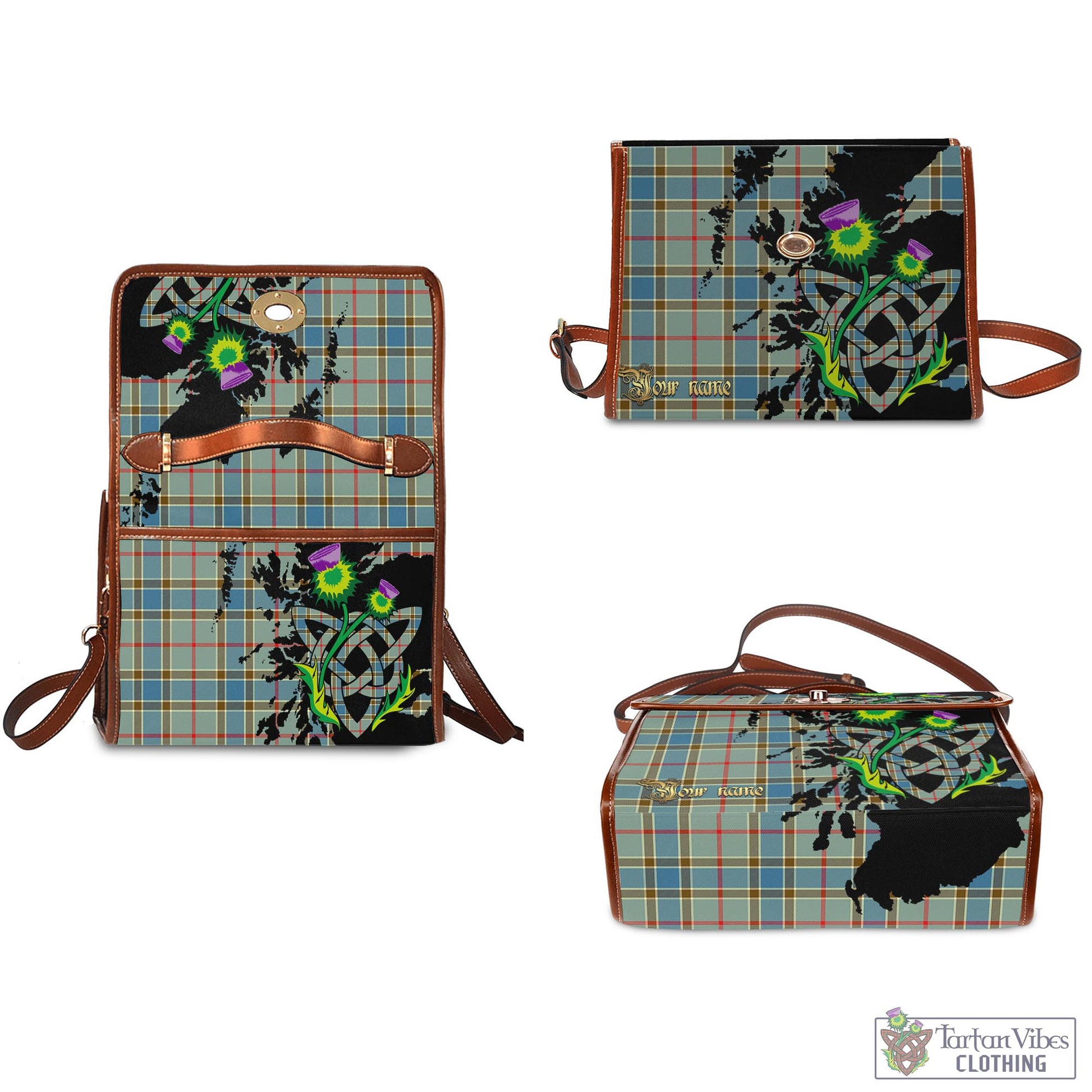 Tartan Vibes Clothing Balfour Blue Tartan Waterproof Canvas Bag with Scotland Map and Thistle Celtic Accents