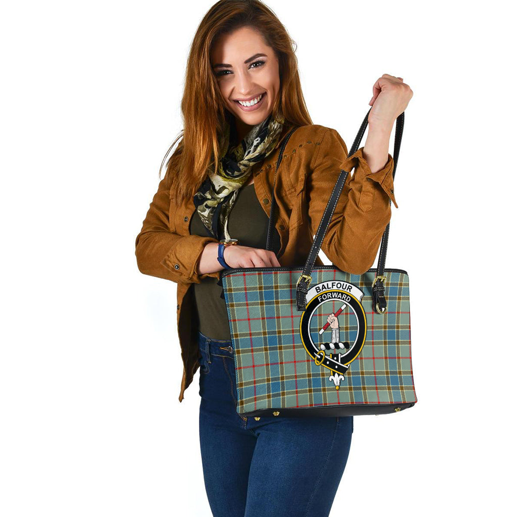 Balfour Blue Tartan Leather Tote Bag with Family Crest - Tartanvibesclothing