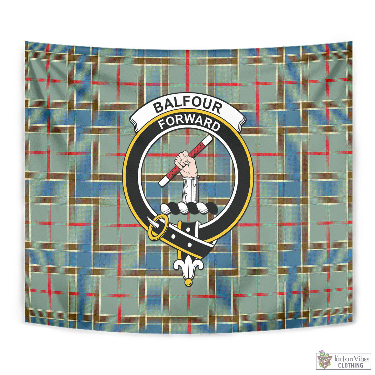 Tartan Vibes Clothing Balfour Blue Tartan Tapestry Wall Hanging and Home Decor for Room with Family Crest