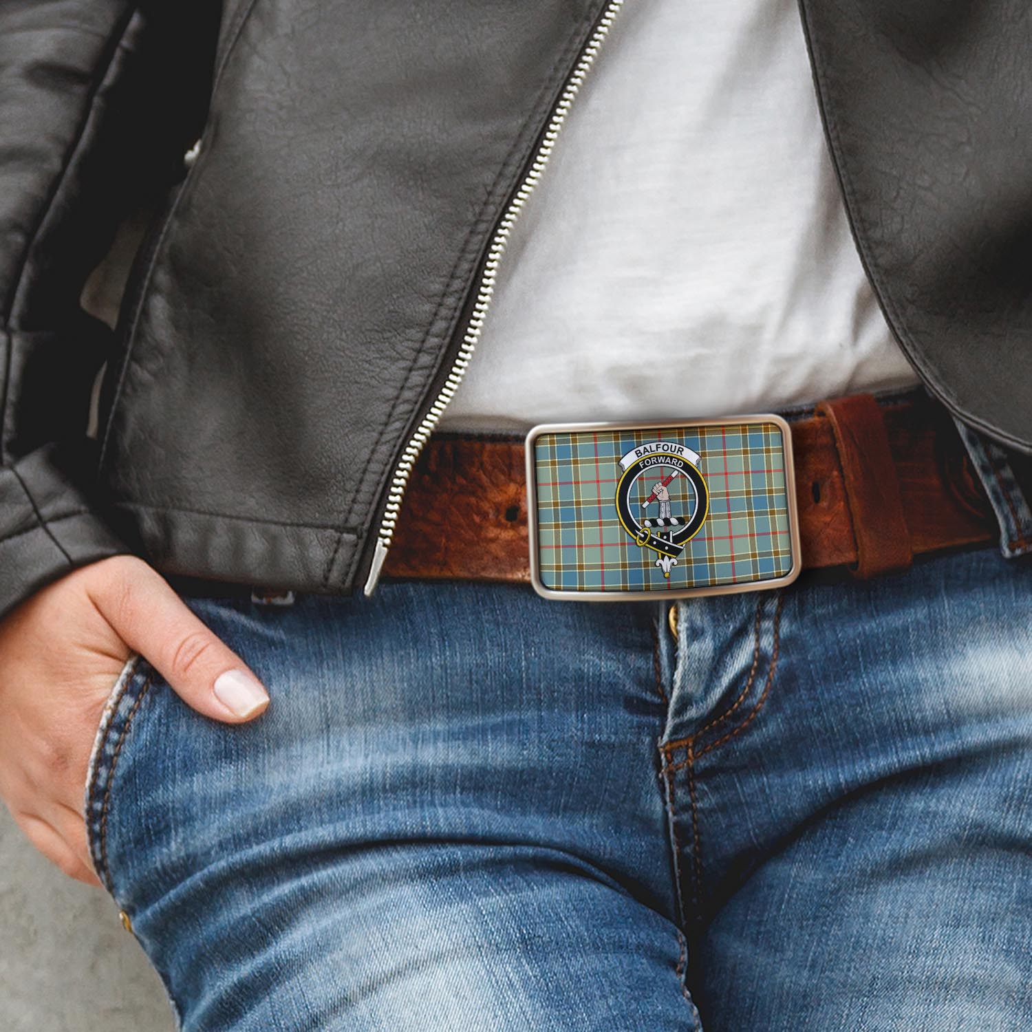 Balfour Blue Tartan Belt Buckles with Family Crest - Tartanvibesclothing