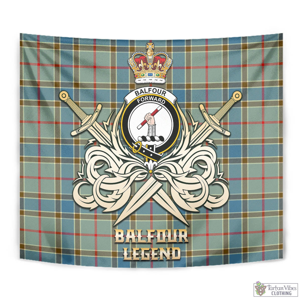 Tartan Vibes Clothing Balfour Blue Tartan Tapestry with Clan Crest and the Golden Sword of Courageous Legacy