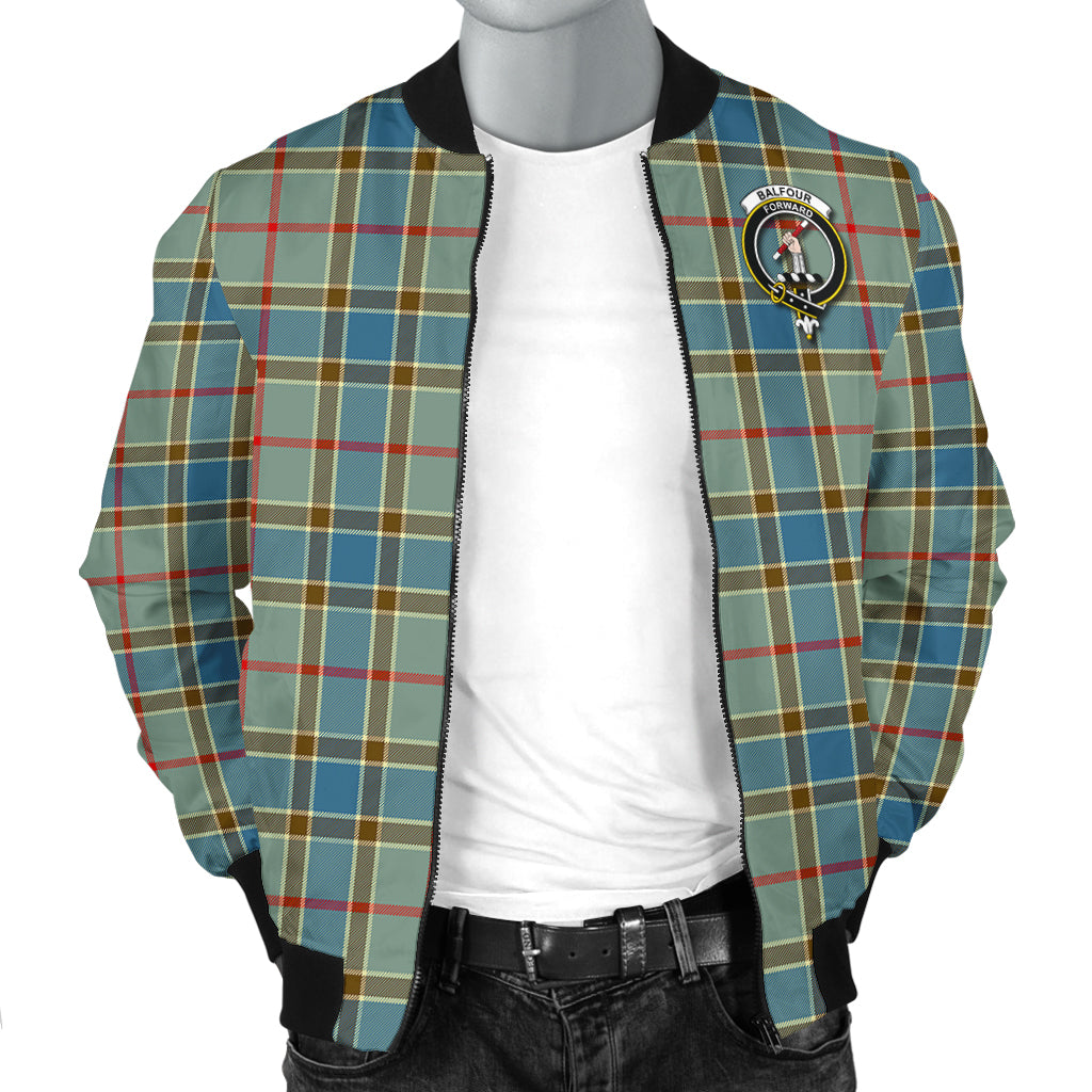 Balfour Blue Tartan Bomber Jacket with Family Crest - Tartanvibesclothing