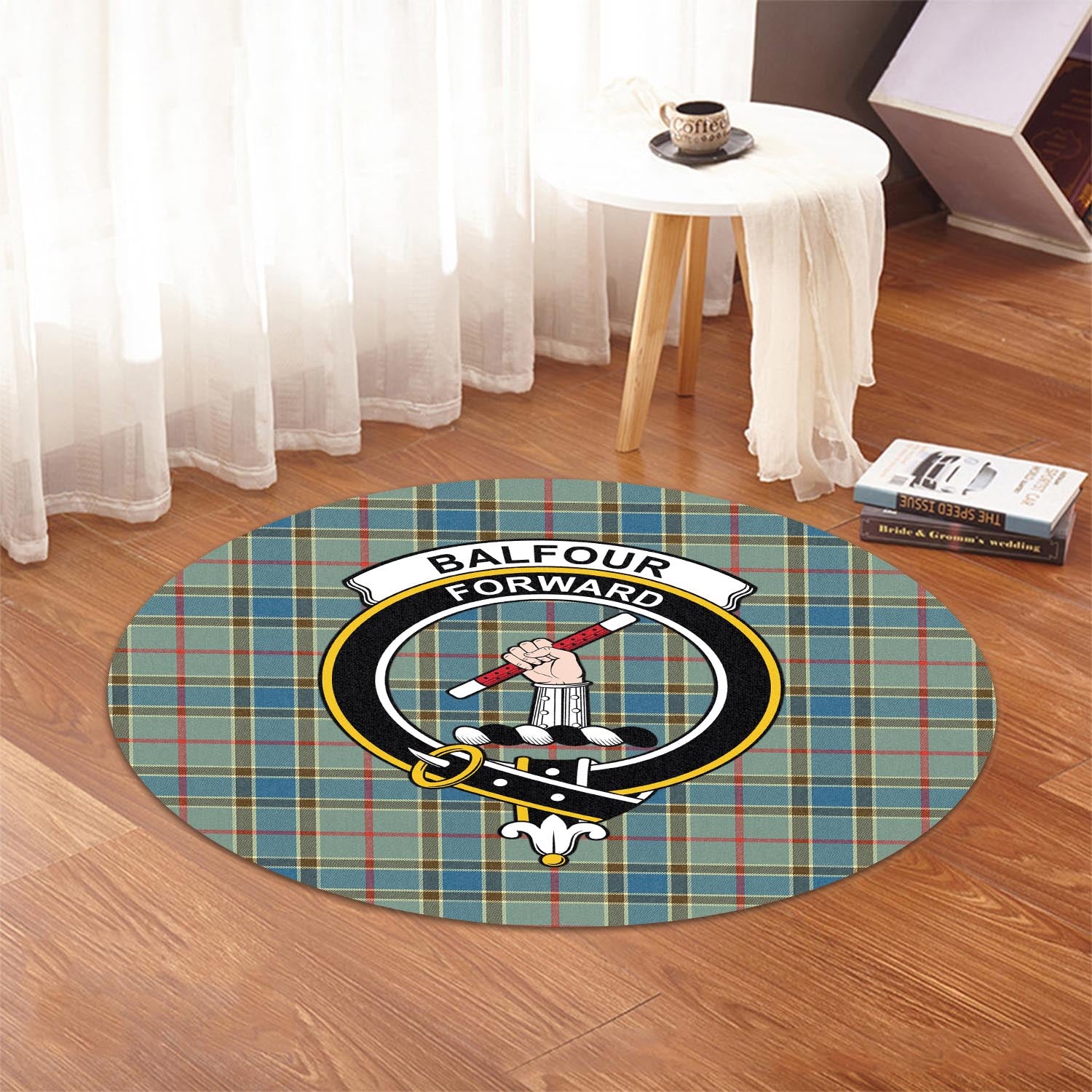 Balfour Blue Tartan Round Rug with Family Crest - Tartanvibesclothing