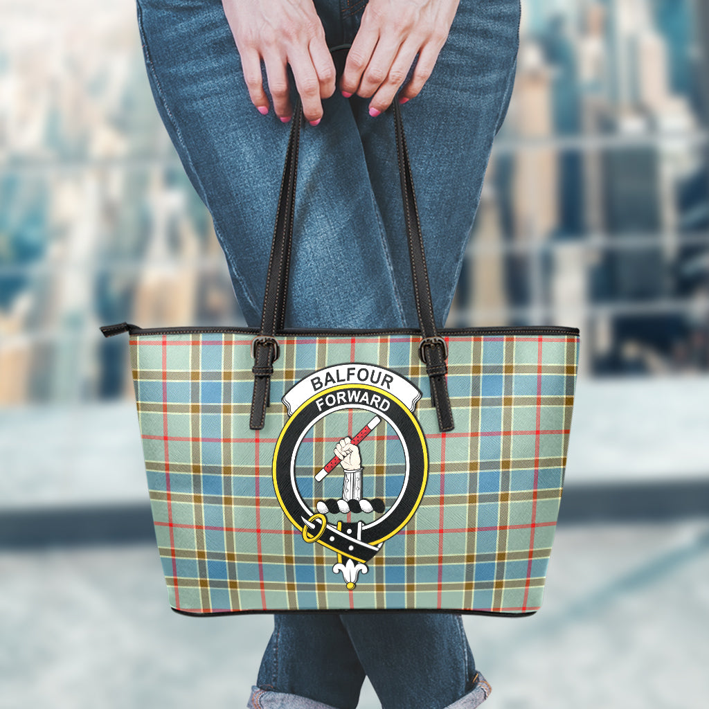 Balfour Blue Tartan Leather Tote Bag with Family Crest - Tartanvibesclothing