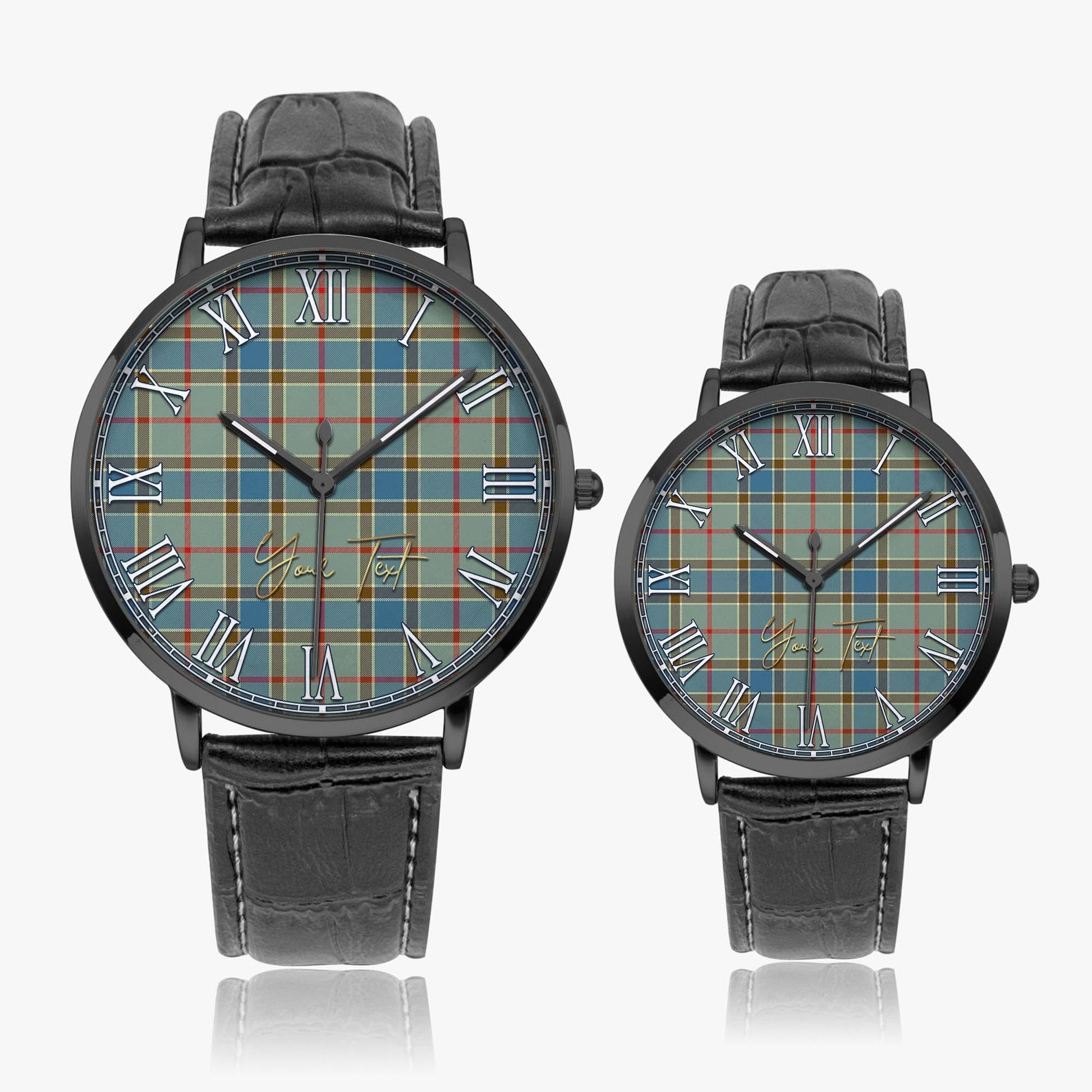 Balfour Blue Tartan Personalized Your Text Leather Trap Quartz Watch Ultra Thin Black Case With Black Leather Strap - Tartanvibesclothing