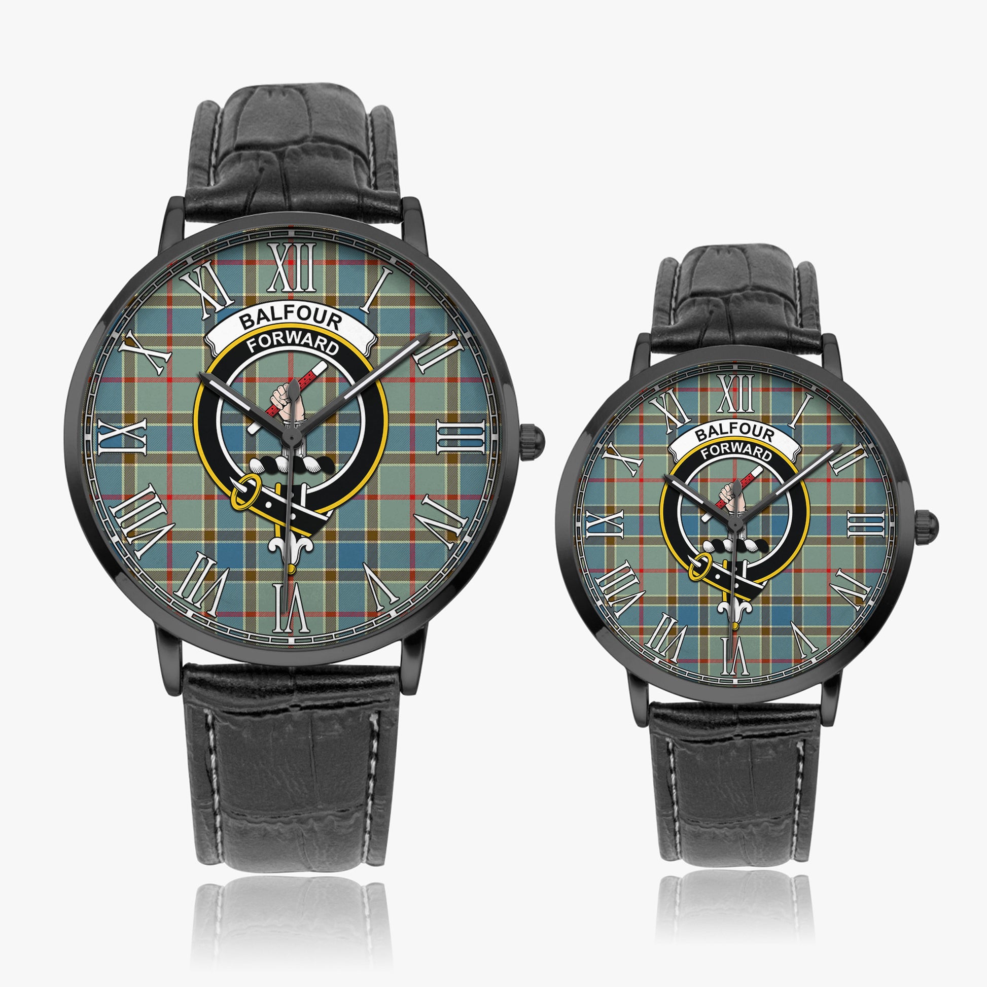 Balfour Blue Tartan Family Crest Leather Strap Quartz Watch - Tartanvibesclothing