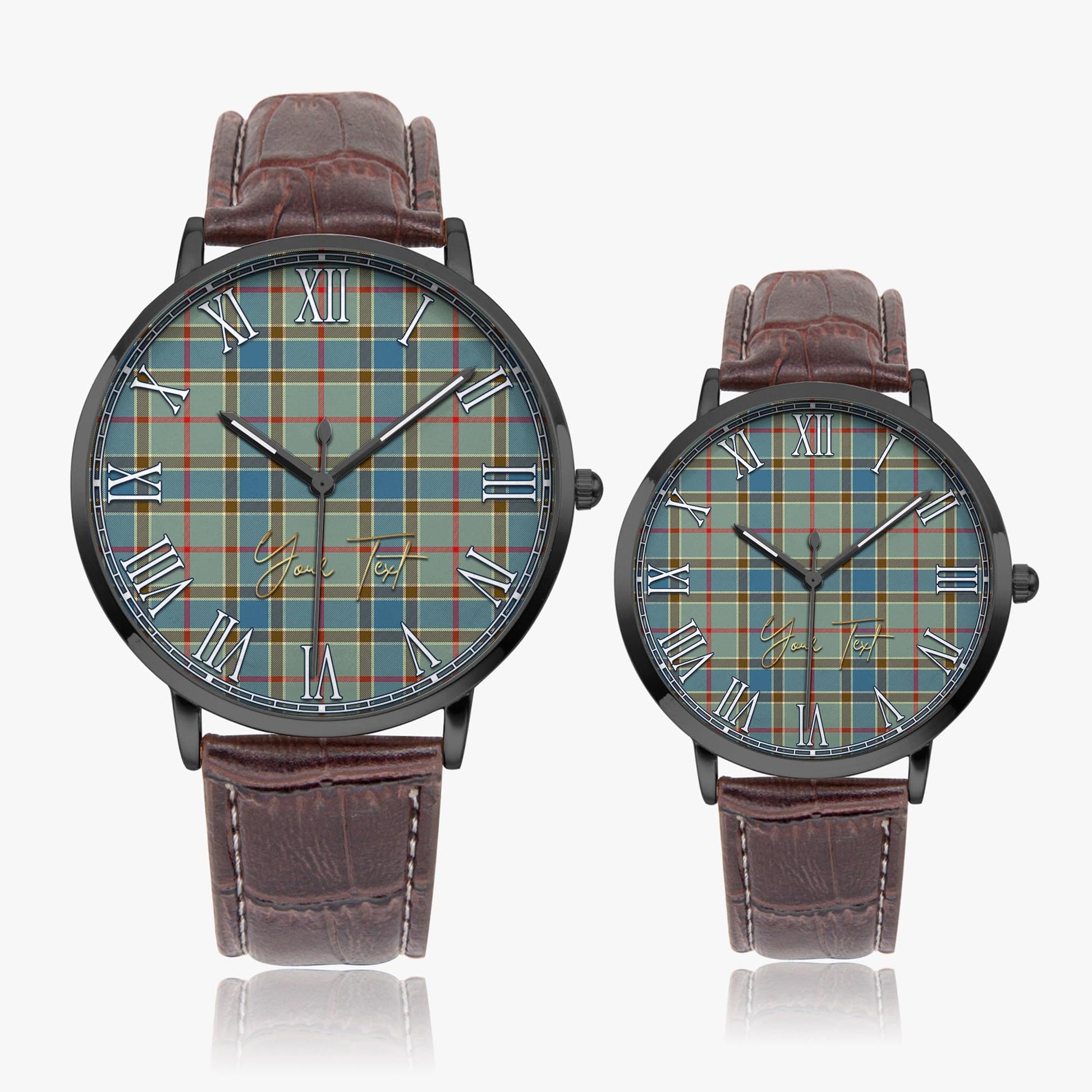Balfour Blue Tartan Personalized Your Text Leather Trap Quartz Watch Ultra Thin Black Case With Brown Leather Strap - Tartanvibesclothing