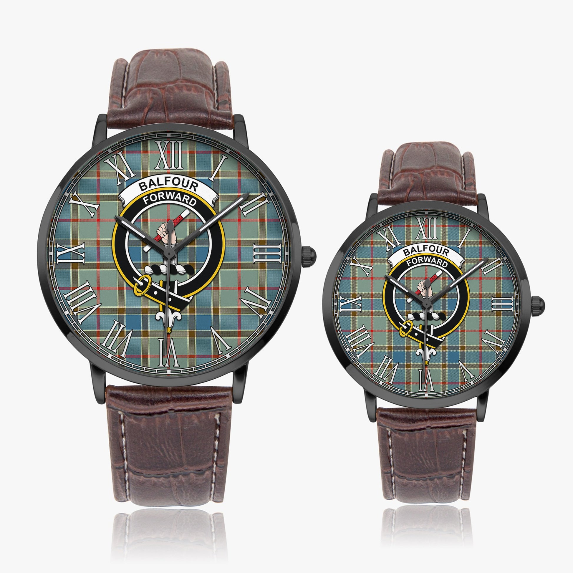 Balfour Blue Tartan Family Crest Leather Strap Quartz Watch - Tartanvibesclothing