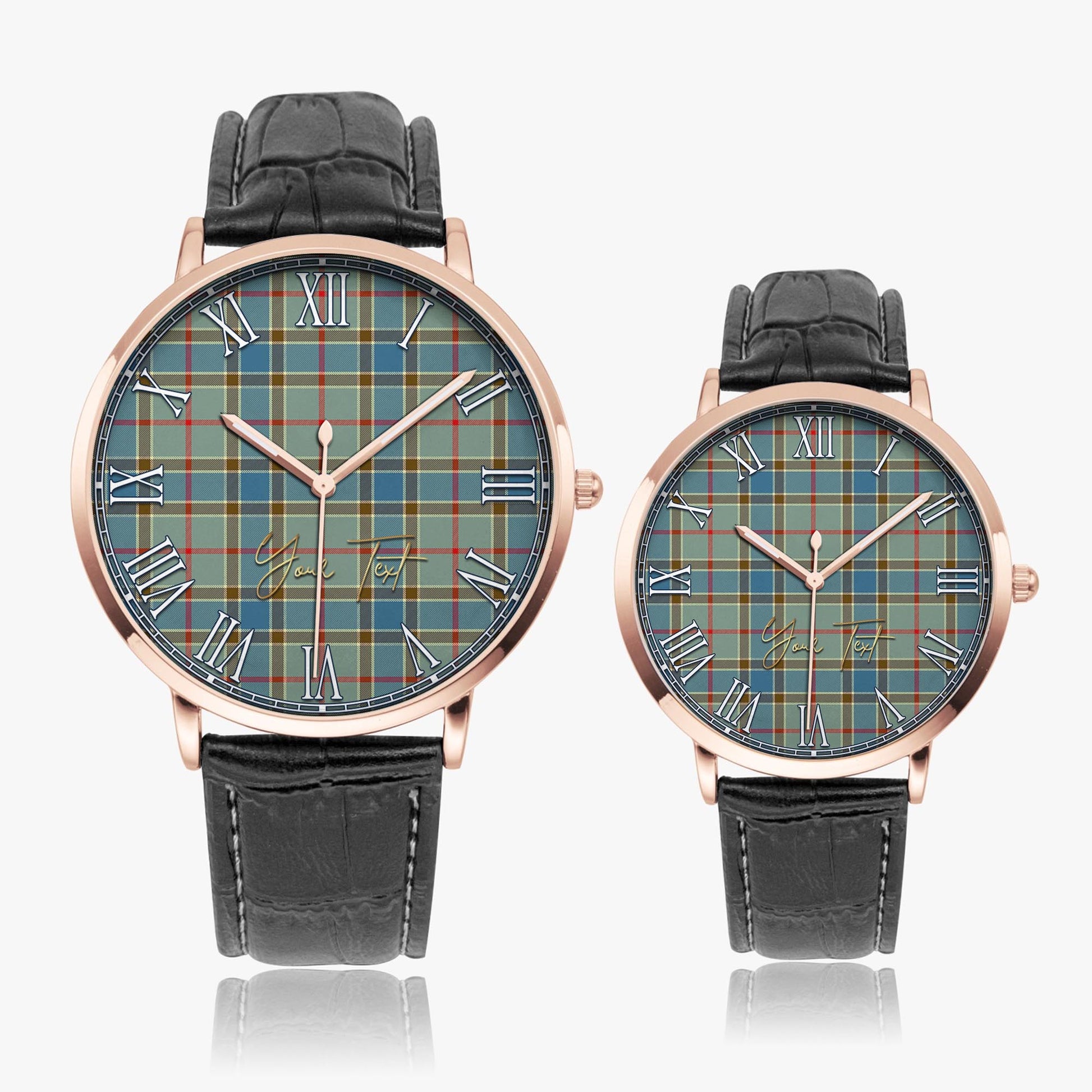 Balfour Blue Tartan Personalized Your Text Leather Trap Quartz Watch Ultra Thin Rose Gold Case With Black Leather Strap - Tartanvibesclothing