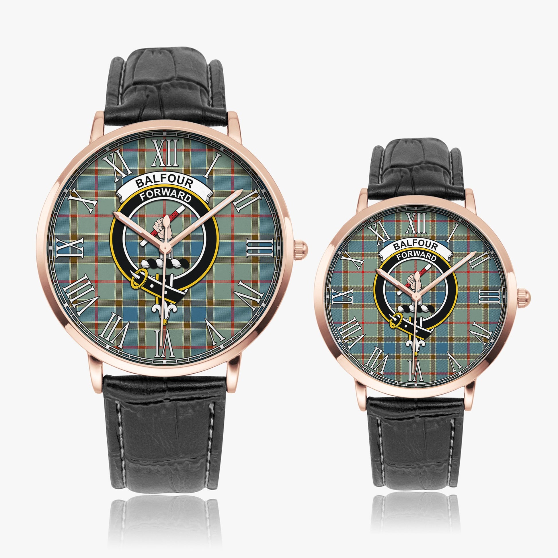 Balfour Blue Tartan Family Crest Leather Strap Quartz Watch - Tartanvibesclothing