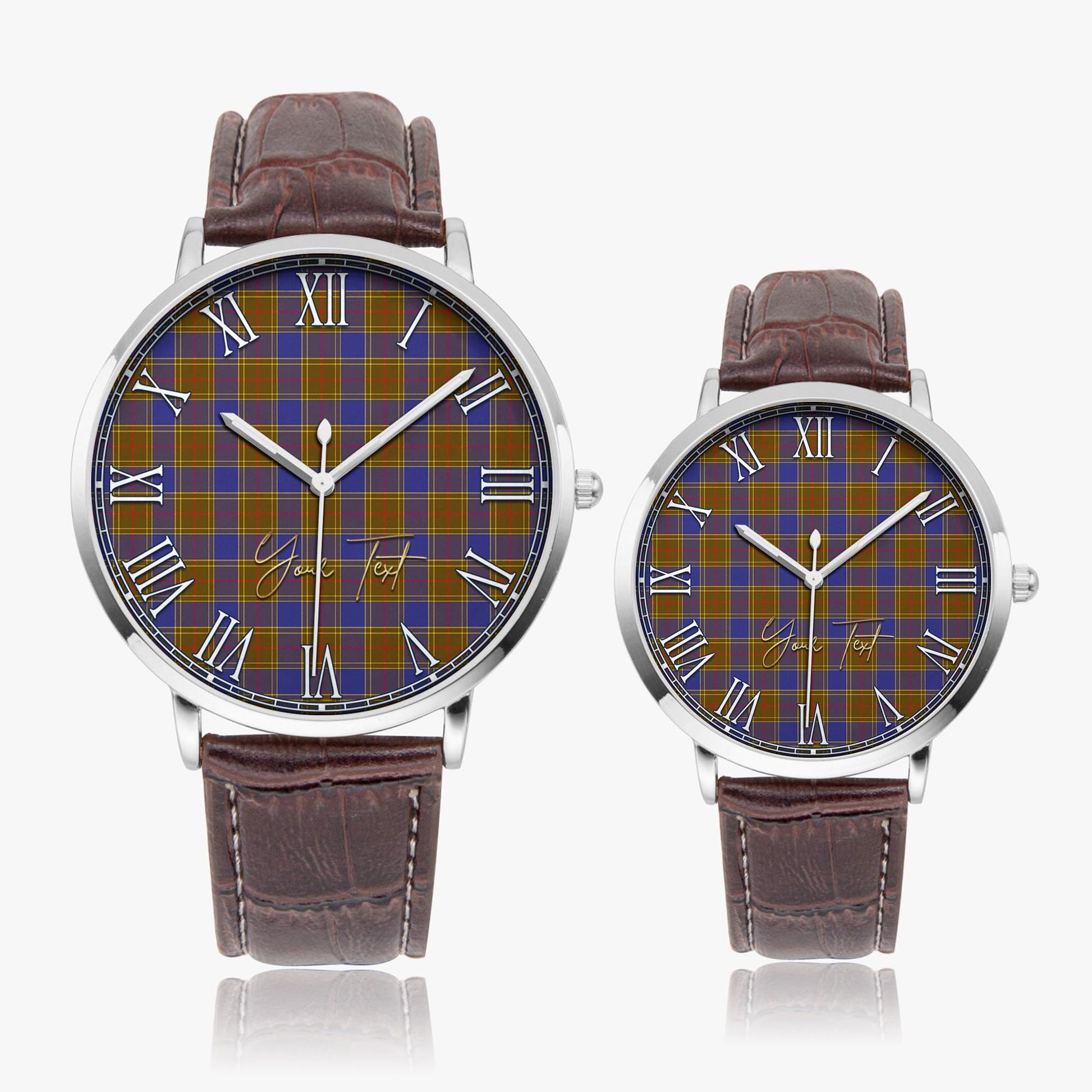 Balfour Modern Tartan Personalized Your Text Leather Trap Quartz Watch Ultra Thin Silver Case With Brown Leather Strap - Tartanvibesclothing